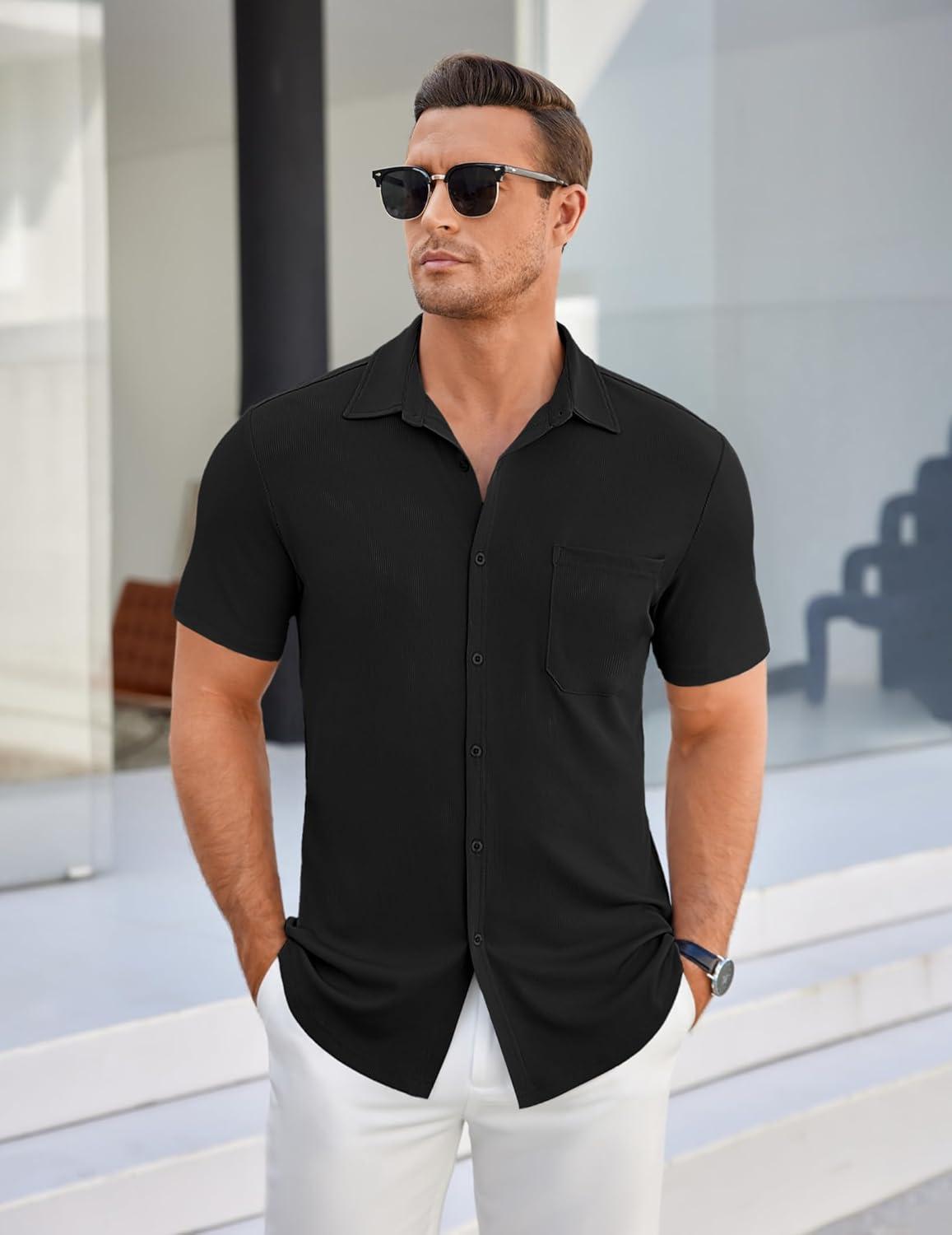 imageCOOFANDY Mens Ribbed Button Down Shirts Short Sleeve Casual Shirt with Pocket Summer Beach Camp TopsBlack