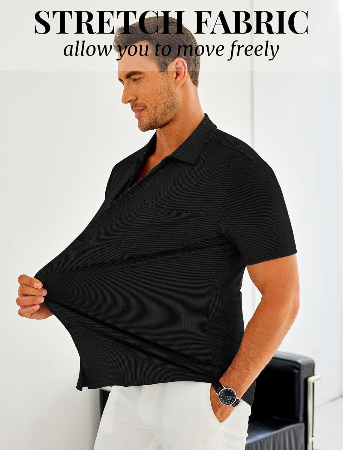 imageCOOFANDY Mens Ribbed Button Down Shirts Short Sleeve Casual Shirt with Pocket Summer Beach Camp TopsBlack