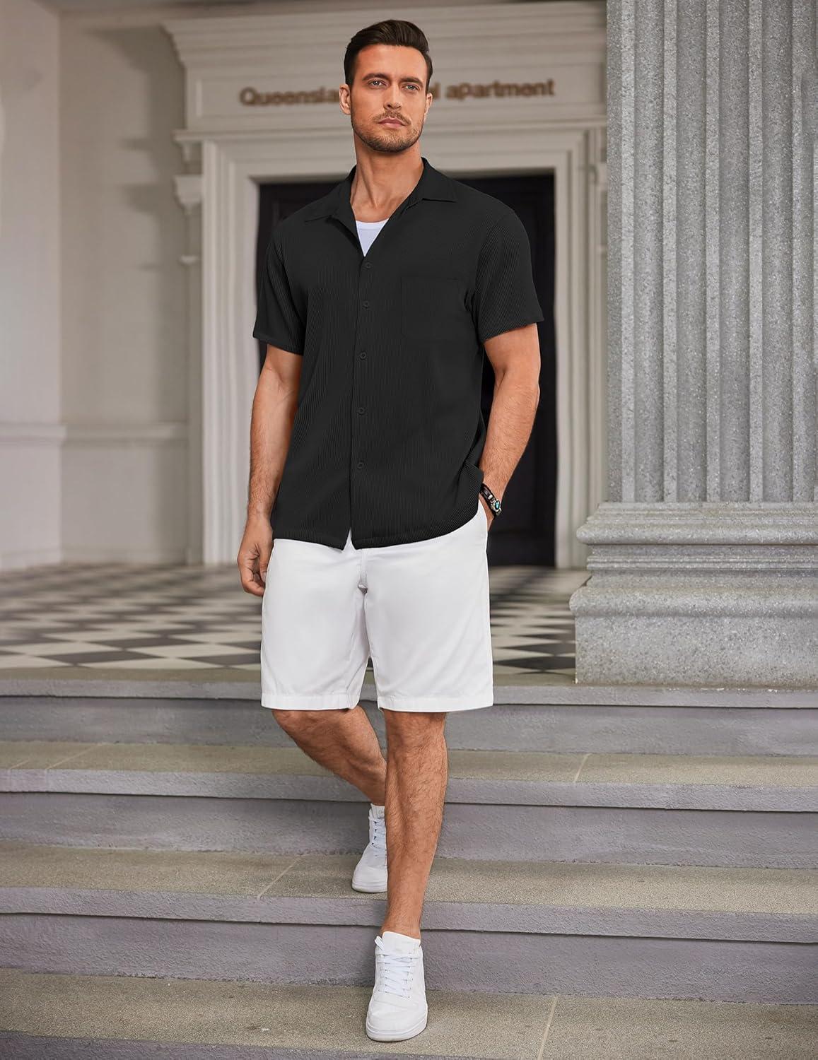 imageCOOFANDY Mens Ribbed Button Down Shirts Short Sleeve Casual Shirt with Pocket Summer Beach Camp TopsBlack