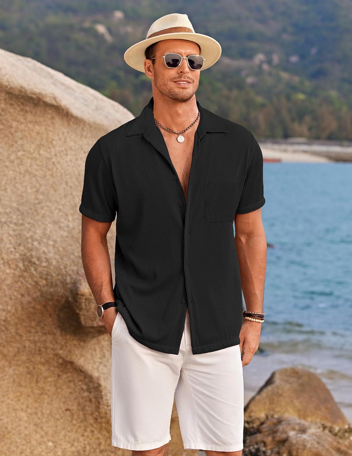 imageCOOFANDY Mens Ribbed Button Down Shirts Short Sleeve Casual Shirt with Pocket Summer Beach Camp TopsBlack