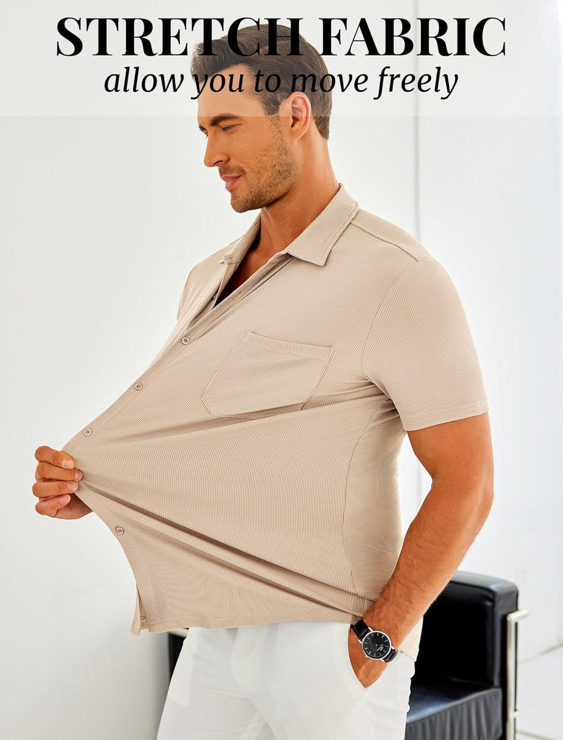 imageCOOFANDY Mens Ribbed Button Down Shirts Short Sleeve Casual Shirt with Pocket Summer Beach Camp TopsKhaki