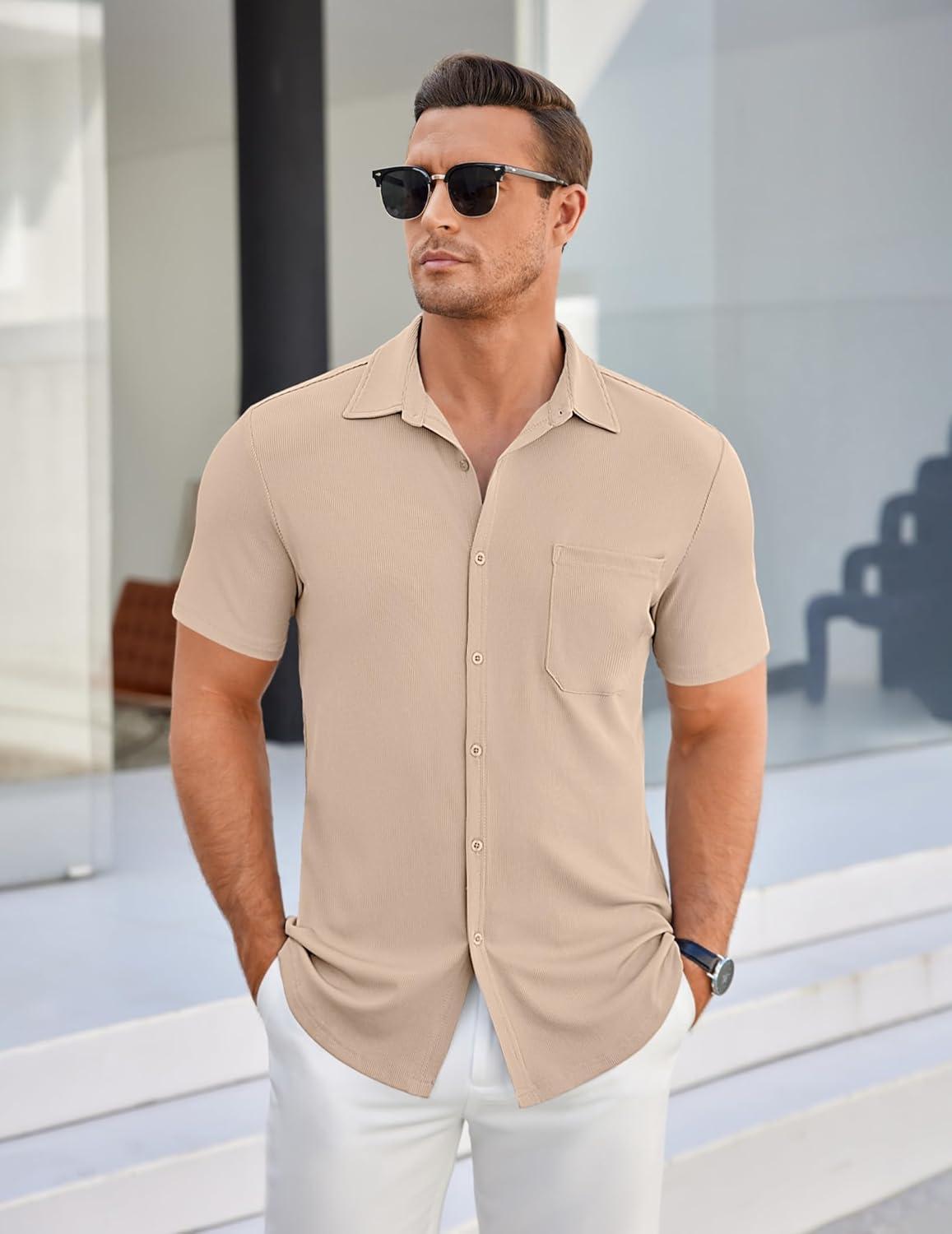 imageCOOFANDY Mens Ribbed Button Down Shirts Short Sleeve Casual Shirt with Pocket Summer Beach Camp TopsKhaki