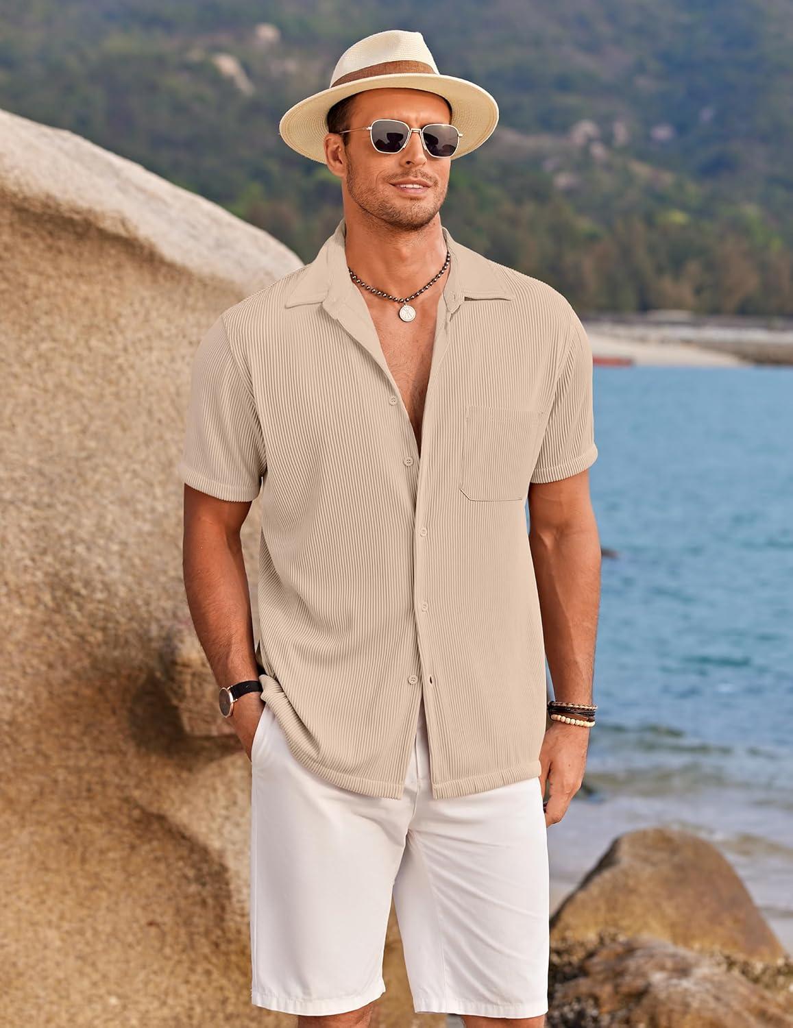 imageCOOFANDY Mens Ribbed Button Down Shirts Short Sleeve Casual Shirt with Pocket Summer Beach Camp TopsKhaki