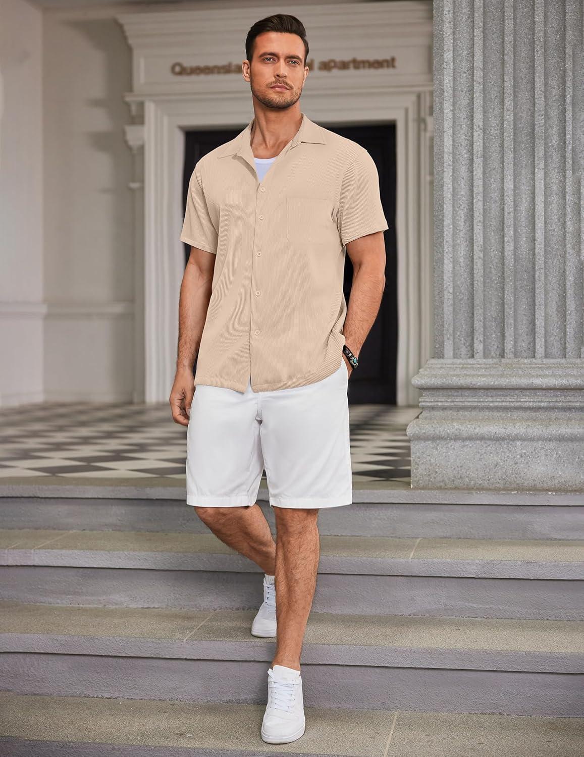 imageCOOFANDY Mens Ribbed Button Down Shirts Short Sleeve Casual Shirt with Pocket Summer Beach Camp TopsKhaki