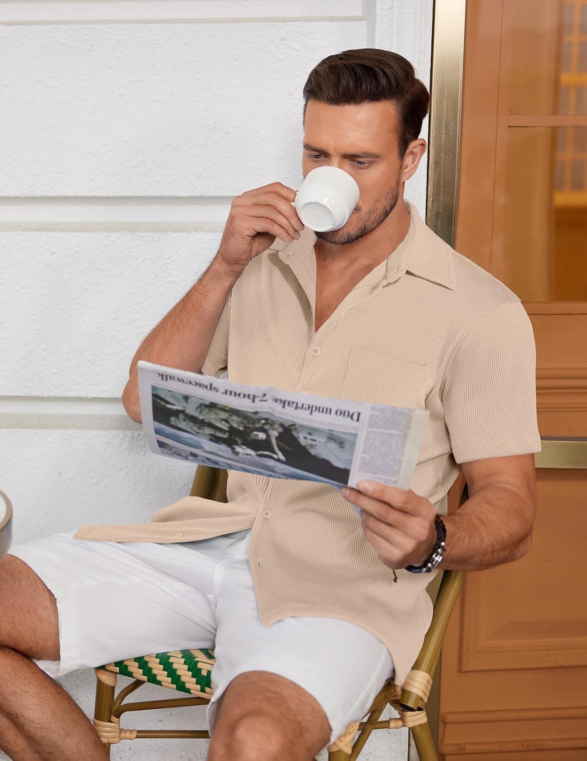 imageCOOFANDY Mens Ribbed Button Down Shirts Short Sleeve Casual Shirt with Pocket Summer Beach Camp TopsKhaki