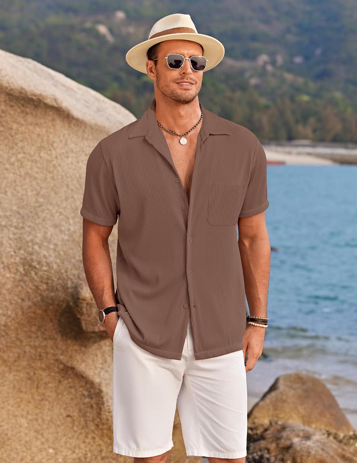 imageCOOFANDY Mens Ribbed Button Down Shirts Short Sleeve Casual Shirt with Pocket Summer Beach Camp TopsLight Brown