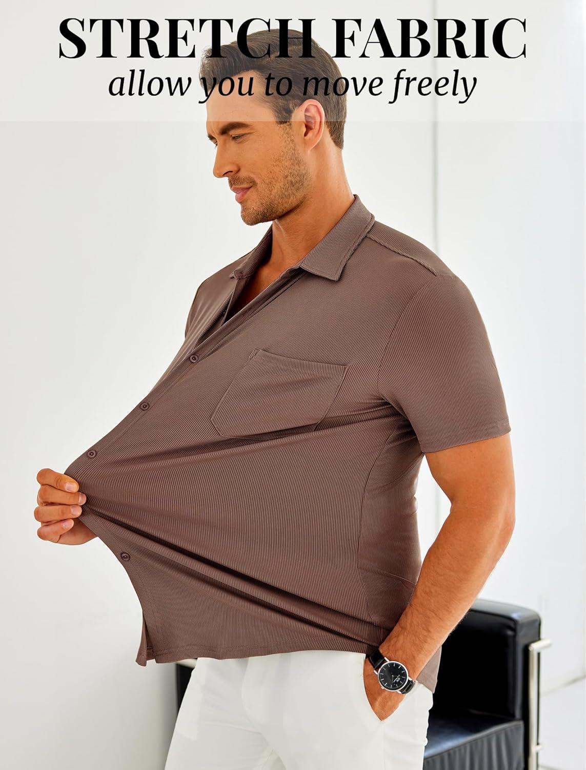 imageCOOFANDY Mens Ribbed Button Down Shirts Short Sleeve Casual Shirt with Pocket Summer Beach Camp TopsLight Brown