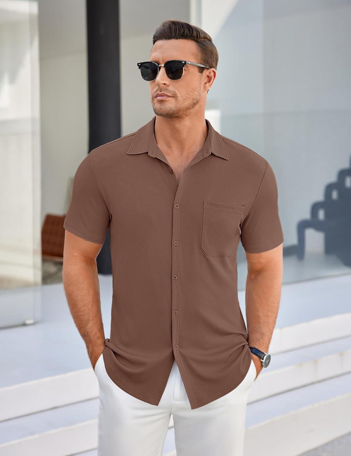 imageCOOFANDY Mens Ribbed Button Down Shirts Short Sleeve Casual Shirt with Pocket Summer Beach Camp TopsLight Brown