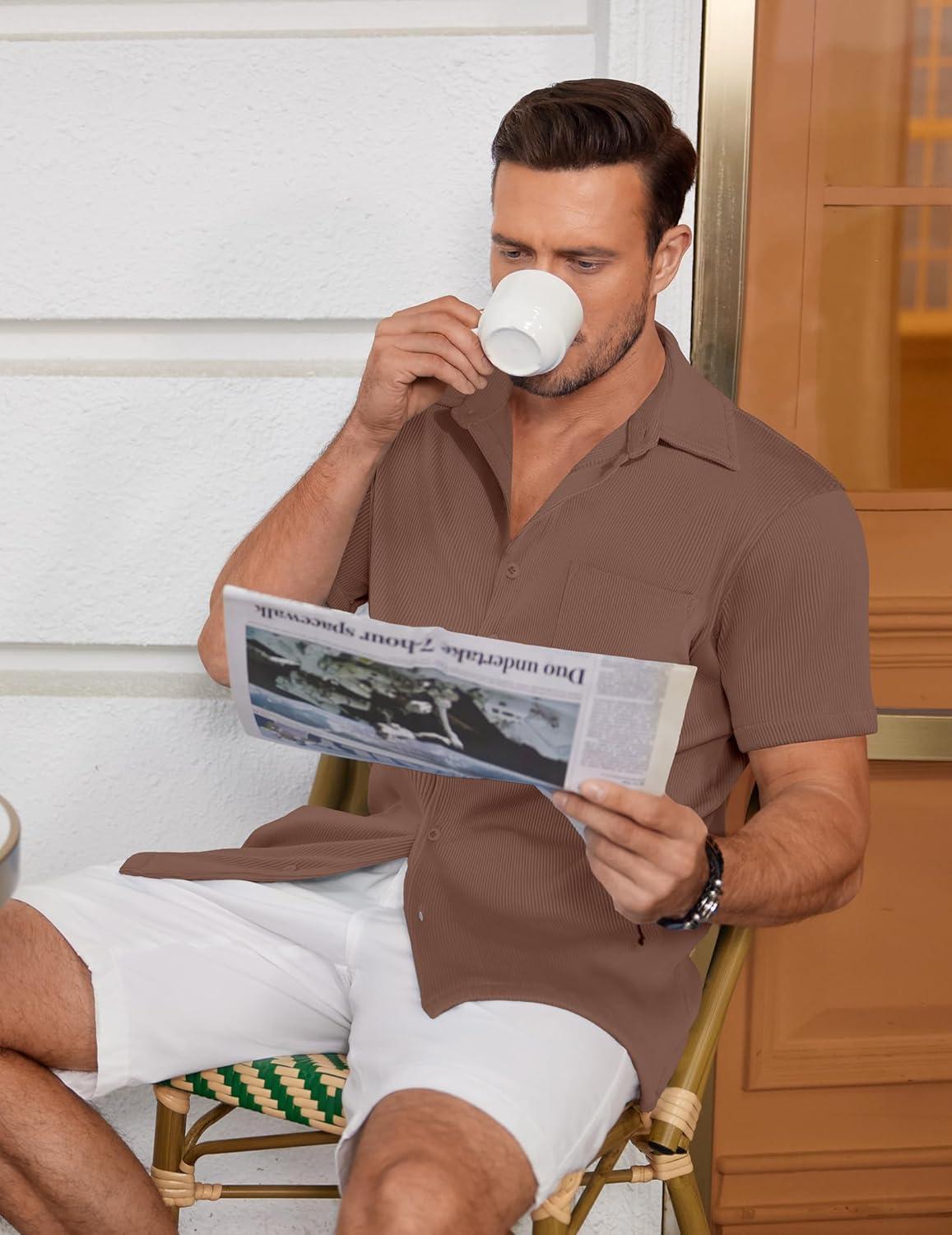 imageCOOFANDY Mens Ribbed Button Down Shirts Short Sleeve Casual Shirt with Pocket Summer Beach Camp TopsLight Brown