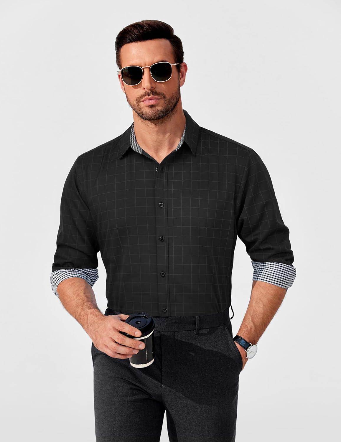 imageCOOFANDY Mens Rose Shiny Shirt Luxury Flowered Printed Button Down Shirt02black Windowpane