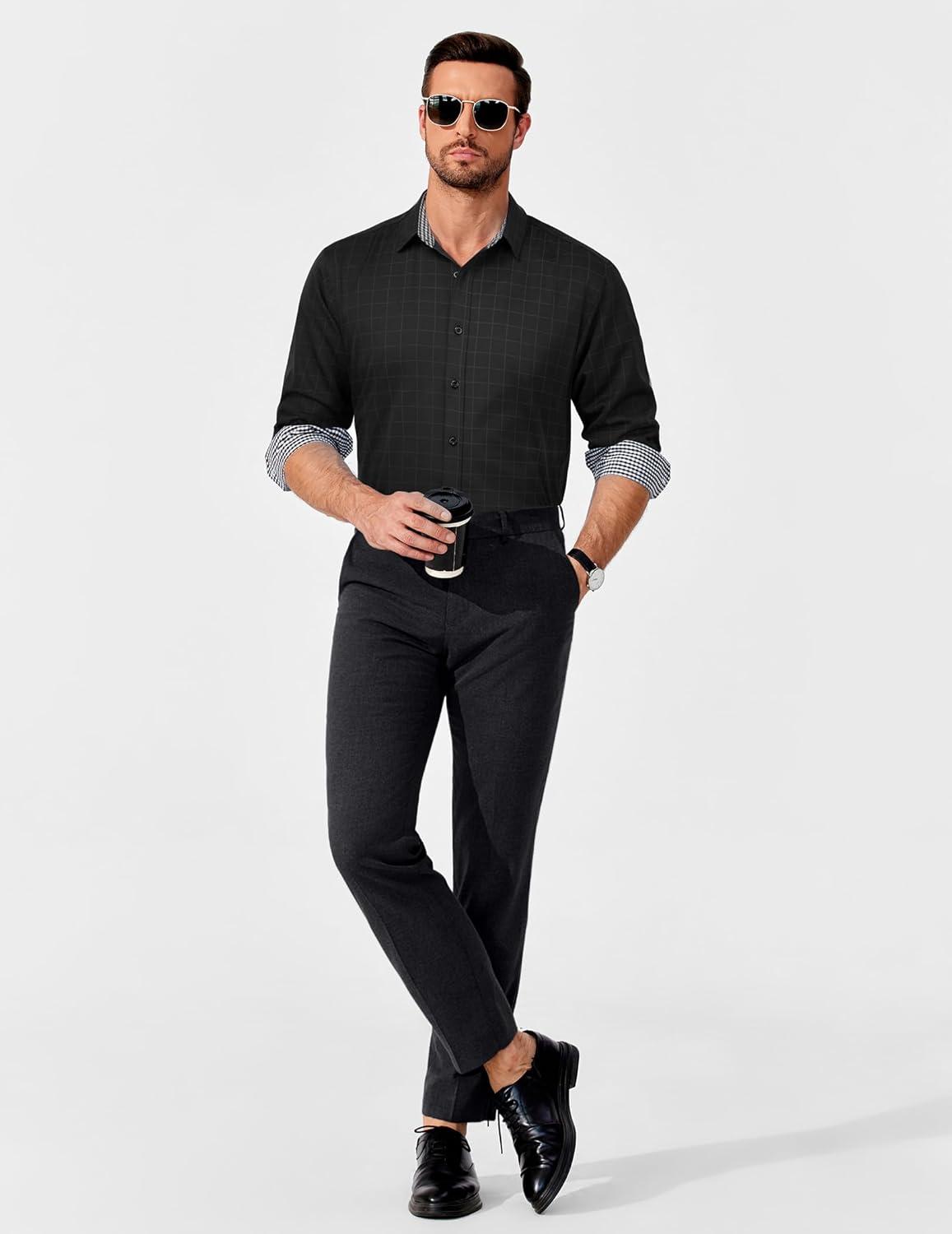 imageCOOFANDY Mens Rose Shiny Shirt Luxury Flowered Printed Button Down Shirt02black Windowpane