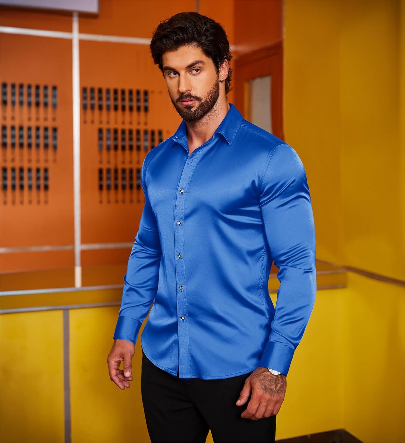 imageCOOFANDY Mens Rose Shiny Shirt Luxury Flowered Printed Button Down ShirtSapphire