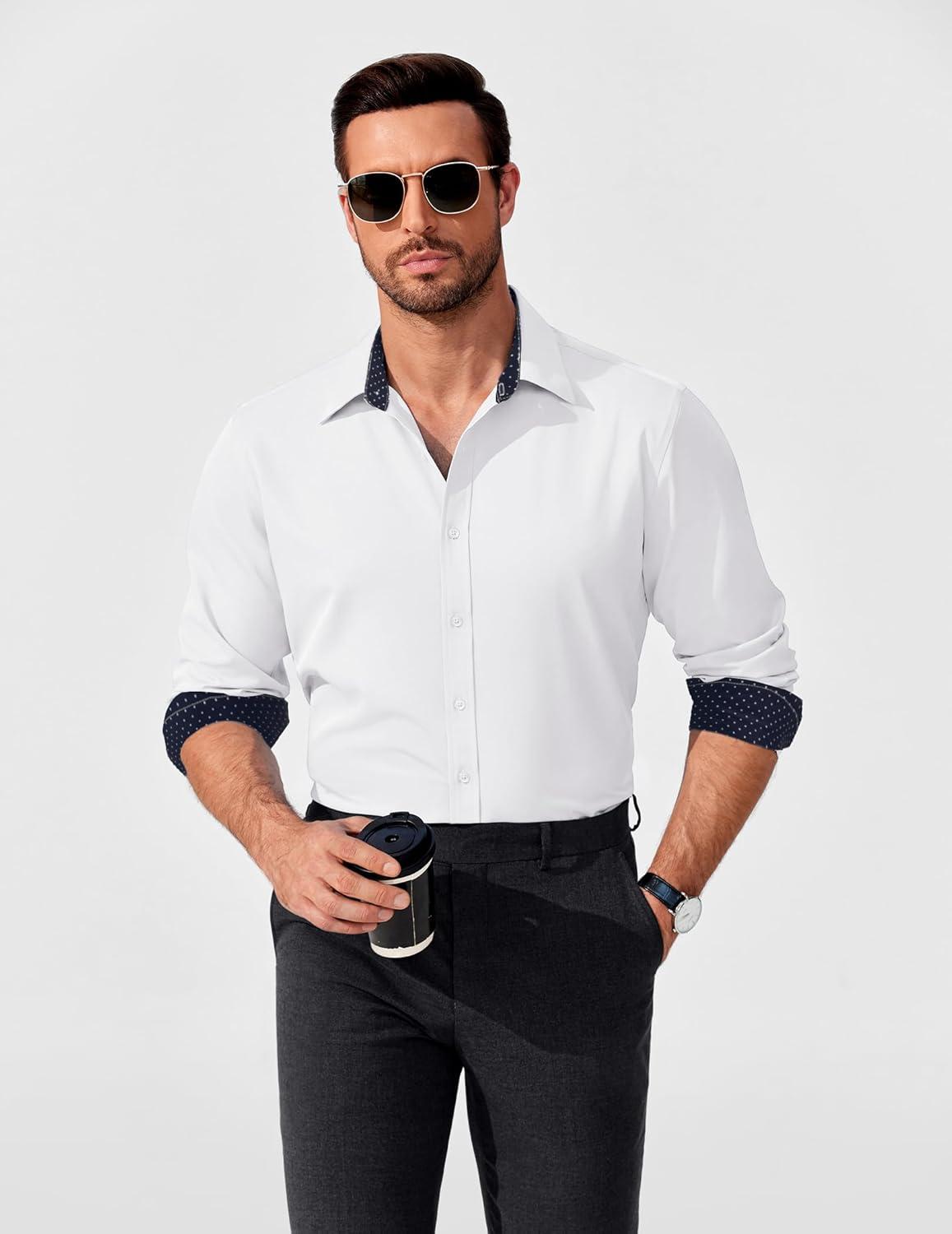 imageCOOFANDY Mens Rose Shiny Shirt Luxury Flowered Printed Button Down ShirtWhite Solid 4