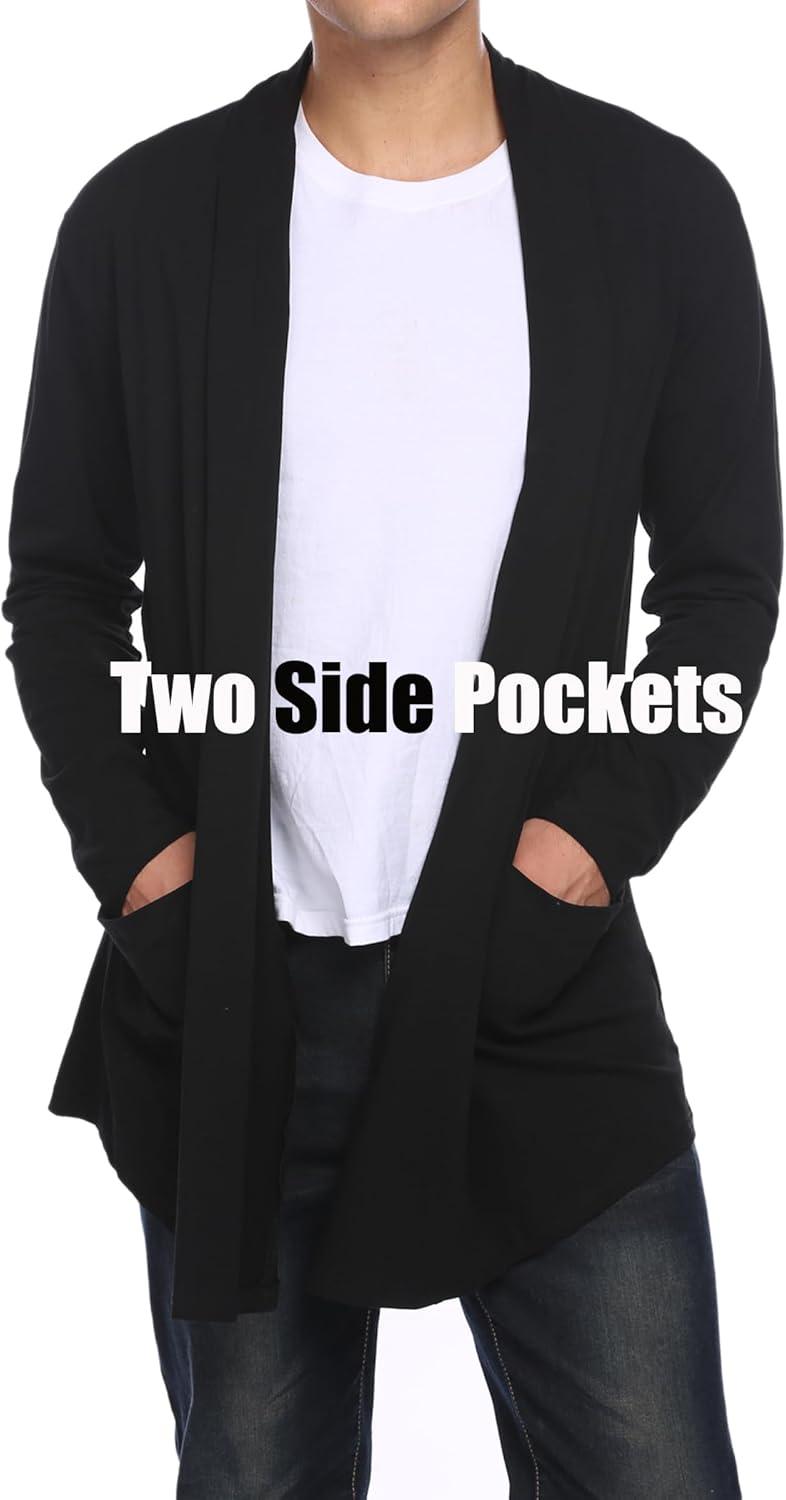 imageCOOFANDY Mens Ruffle Shawl Collar Cardigan Open Front Lightweight Long Length Drape Cape Overcoat with PocketsBlack