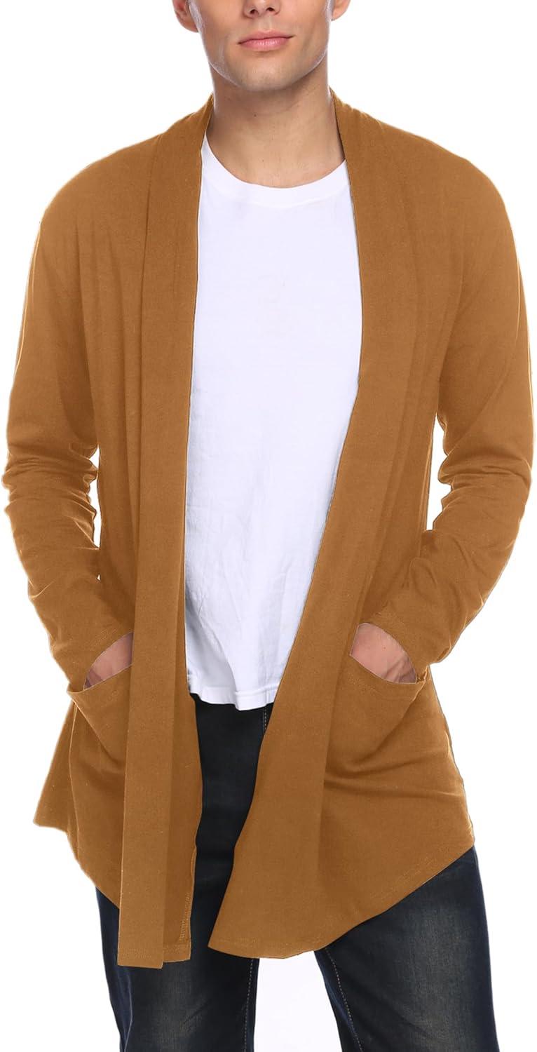 imageCOOFANDY Mens Ruffle Shawl Collar Cardigan Open Front Lightweight Long Length Drape Cape Overcoat with PocketsLight Brown