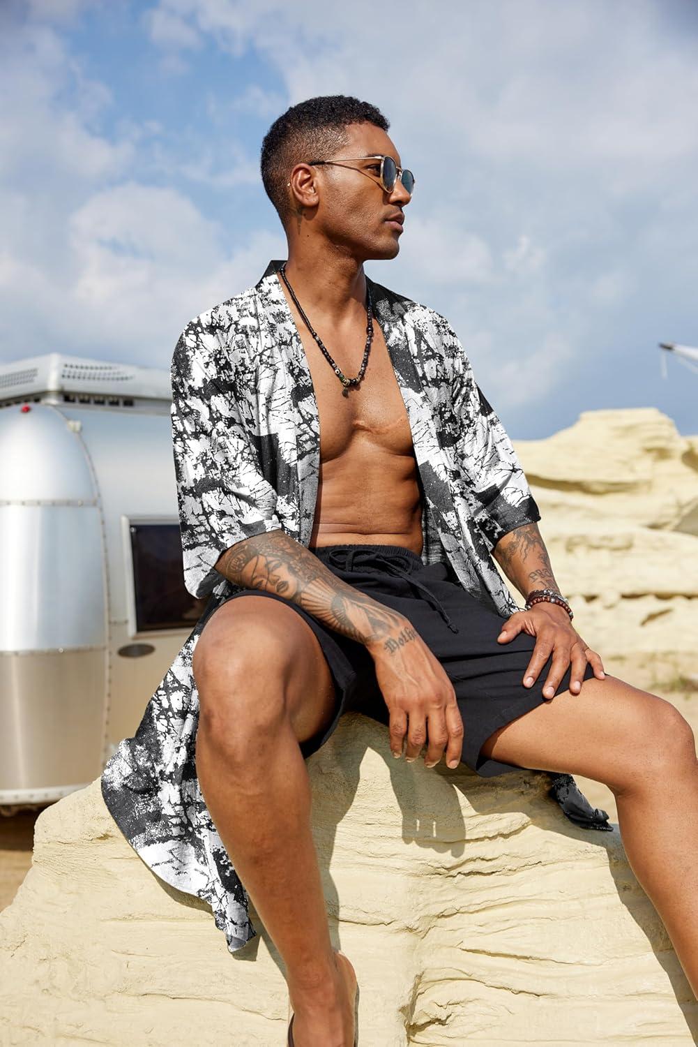 imageCOOFANDY Mens Ruffle Shawl Collar Lightweight Cardigan Long Kimono Jackets Open Front Drape Cape CoatBlack Tie Dye Print