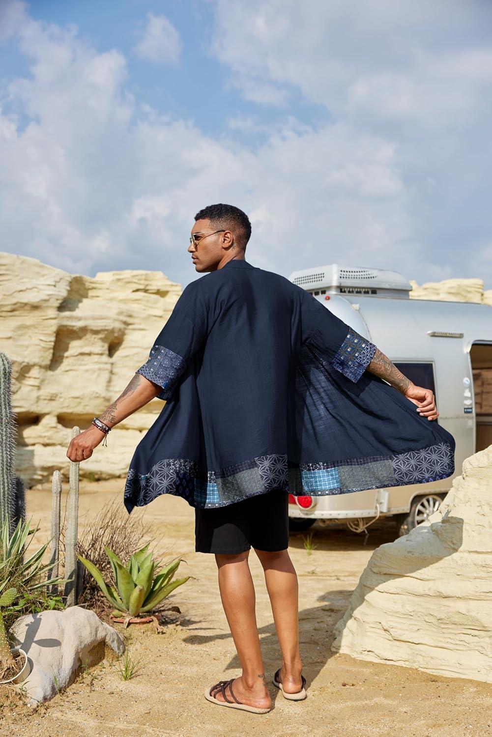 imageCOOFANDY Mens Ruffle Shawl Collar Lightweight Cardigan Long Kimono Jackets Open Front Drape Cape CoatNavy Blue