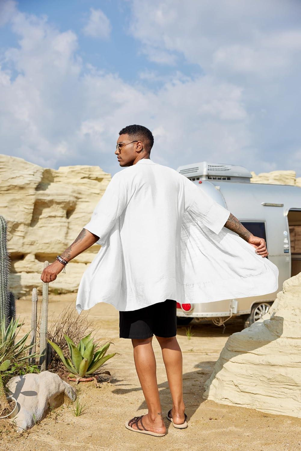 imageCOOFANDY Mens Ruffle Shawl Collar Lightweight Cardigan Long Kimono Jackets Open Front Drape Cape CoatTypebwhite