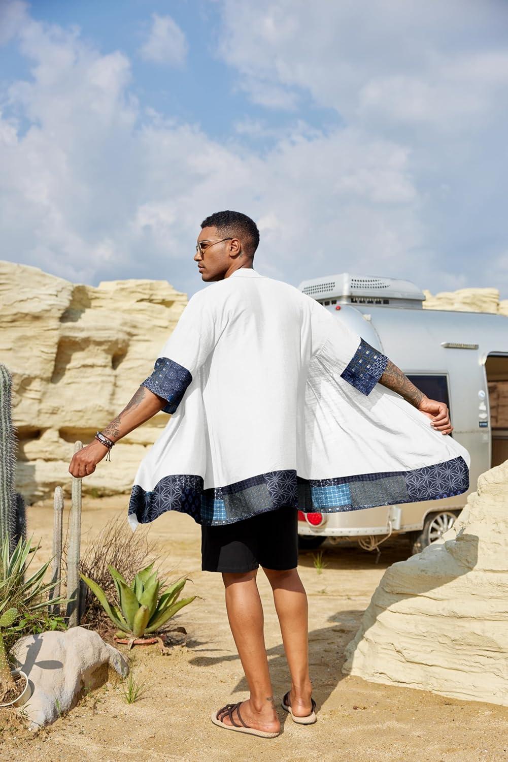 imageCOOFANDY Mens Ruffle Shawl Collar Lightweight Cardigan Long Kimono Jackets Open Front Drape Cape CoatWhite