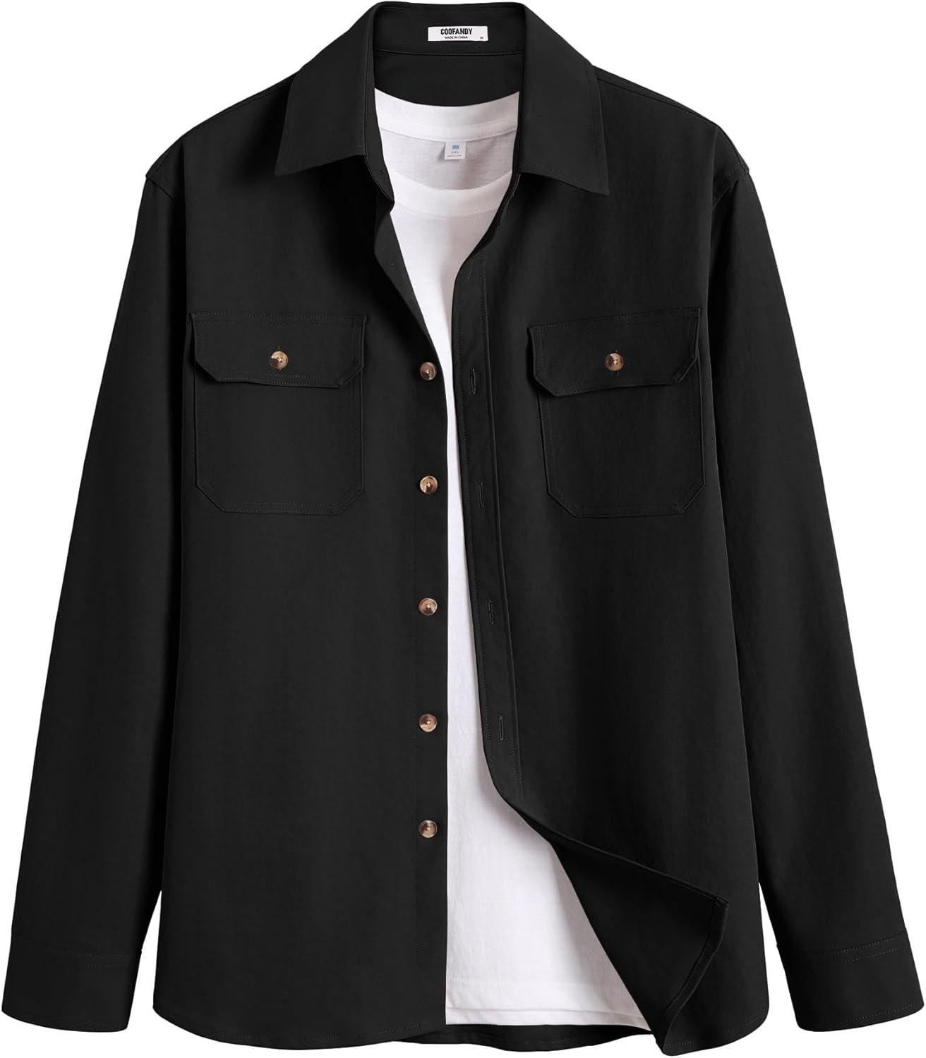 imageCOOFANDY Mens Shirt Jacket Casual Button Up Shirts Long Sleeve Lightweight Shacket with Flap PocketsBlack