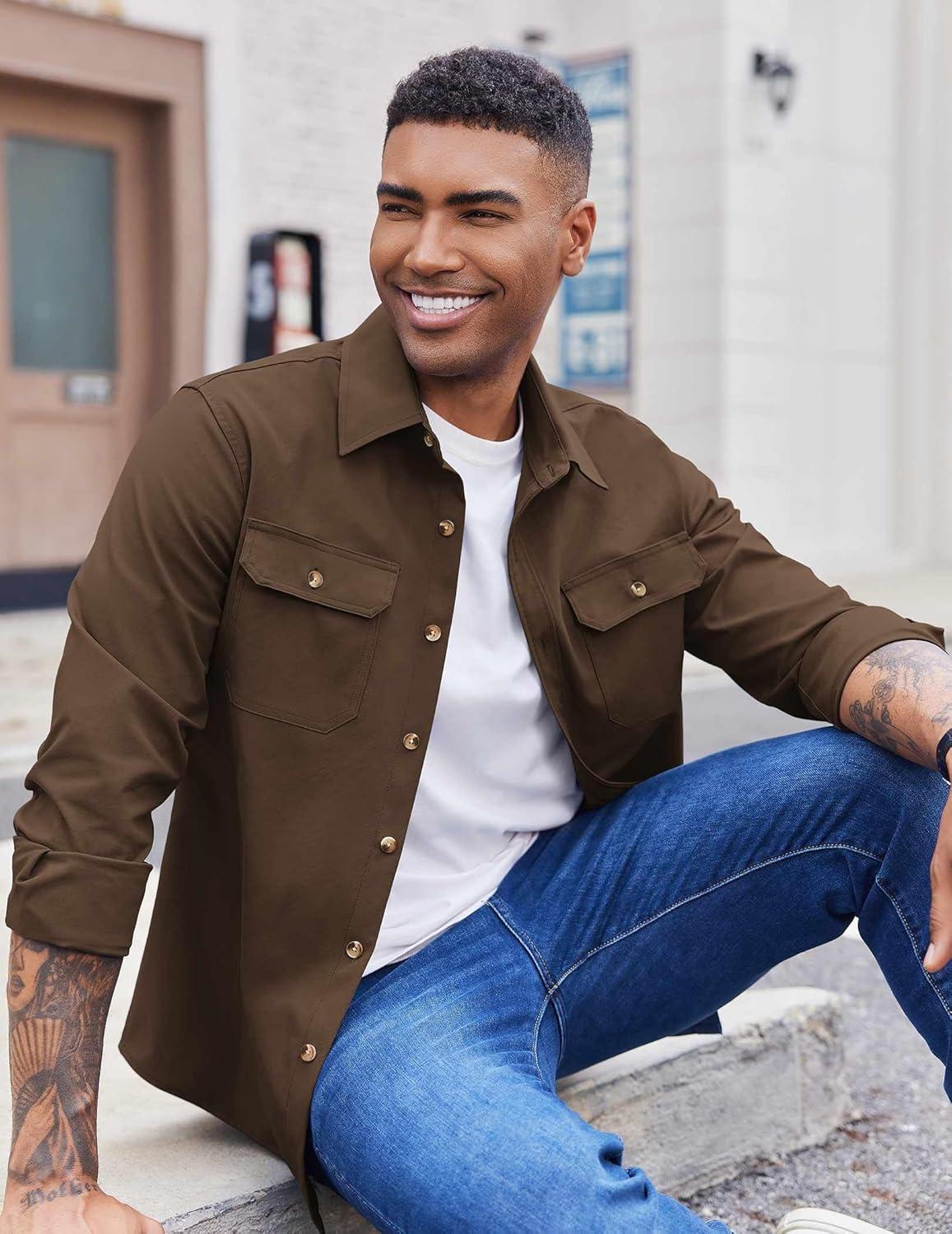 imageCOOFANDY Mens Shirt Jacket Casual Button Up Shirts Long Sleeve Lightweight Shacket with Flap PocketsBrown