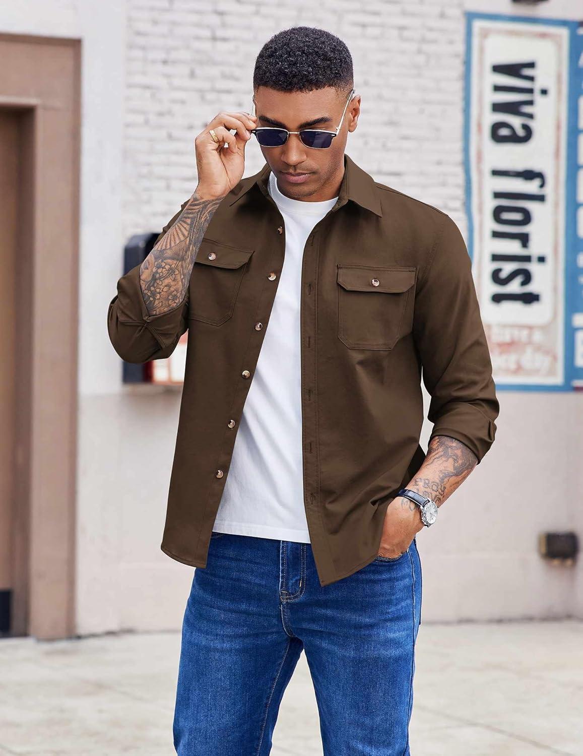 imageCOOFANDY Mens Shirt Jacket Casual Button Up Shirts Long Sleeve Lightweight Shacket with Flap PocketsBrown