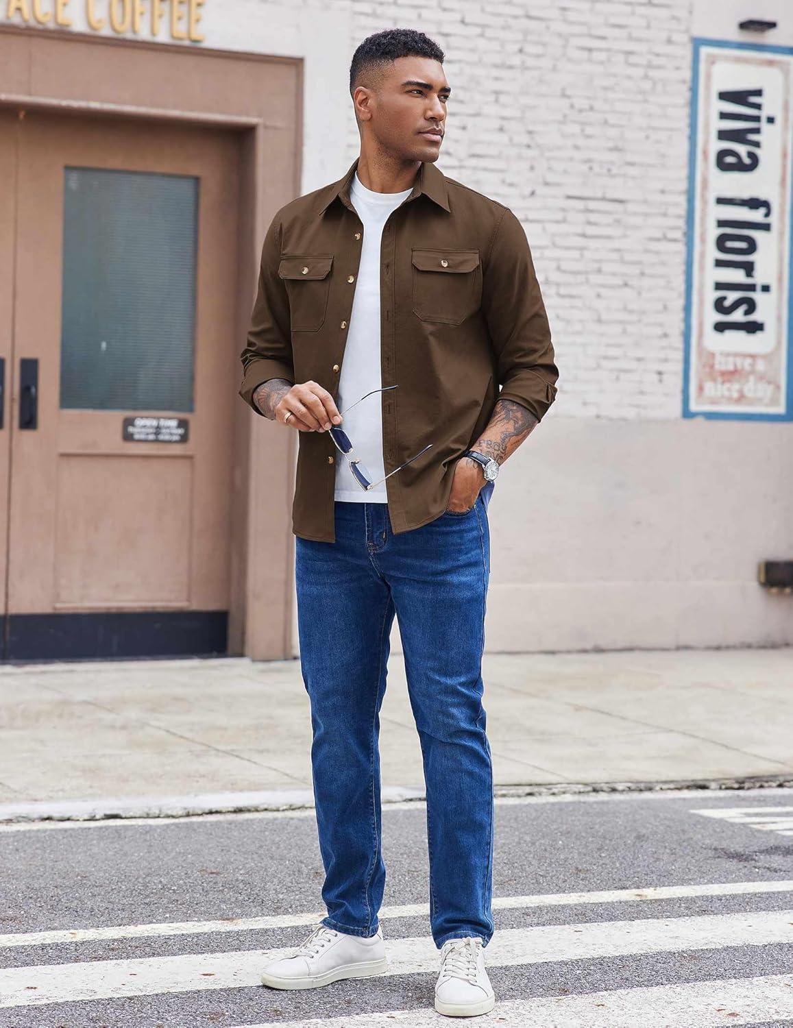 imageCOOFANDY Mens Shirt Jacket Casual Button Up Shirts Long Sleeve Lightweight Shacket with Flap PocketsBrown