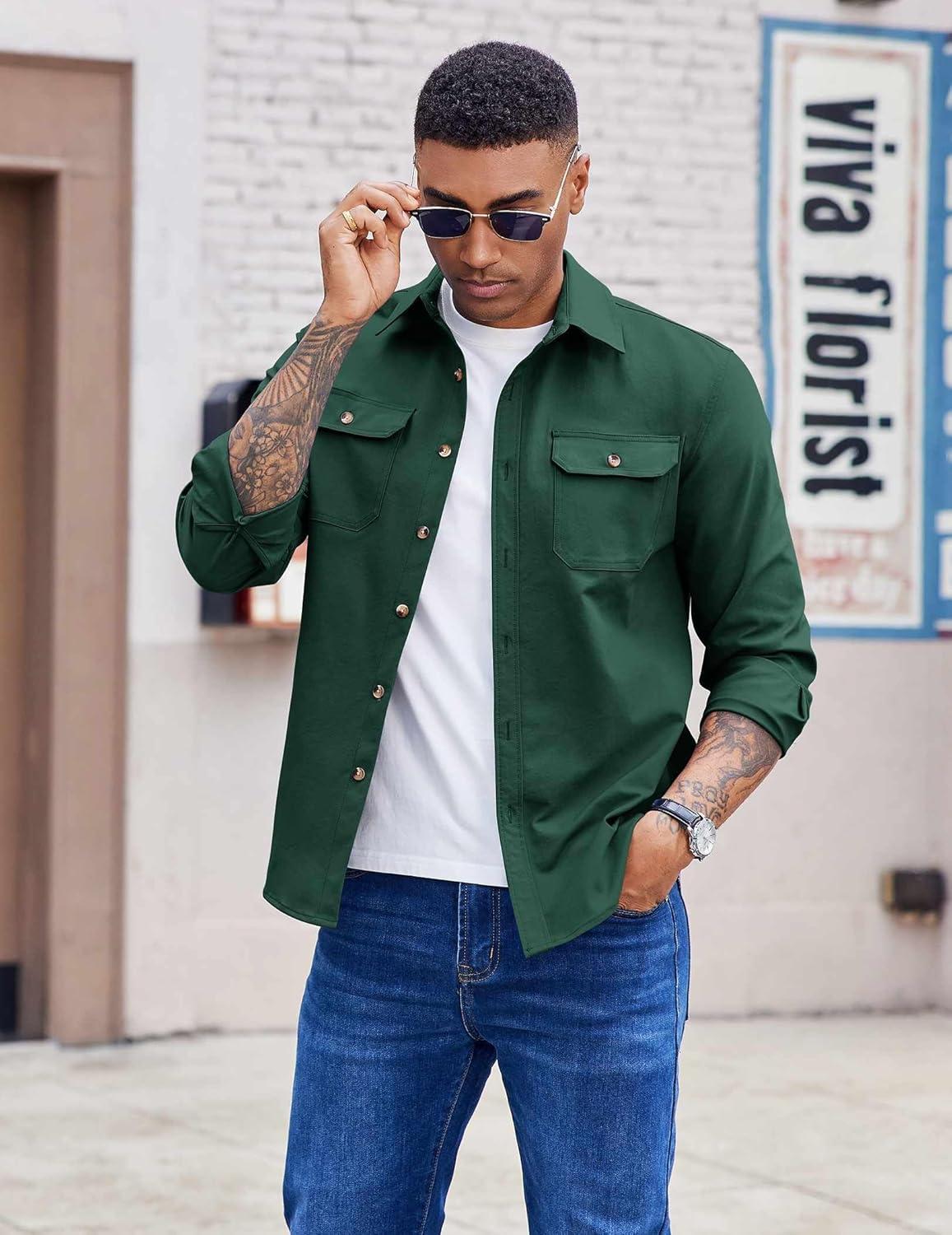 imageCOOFANDY Mens Shirt Jacket Casual Button Up Shirts Long Sleeve Lightweight Shacket with Flap PocketsGreen