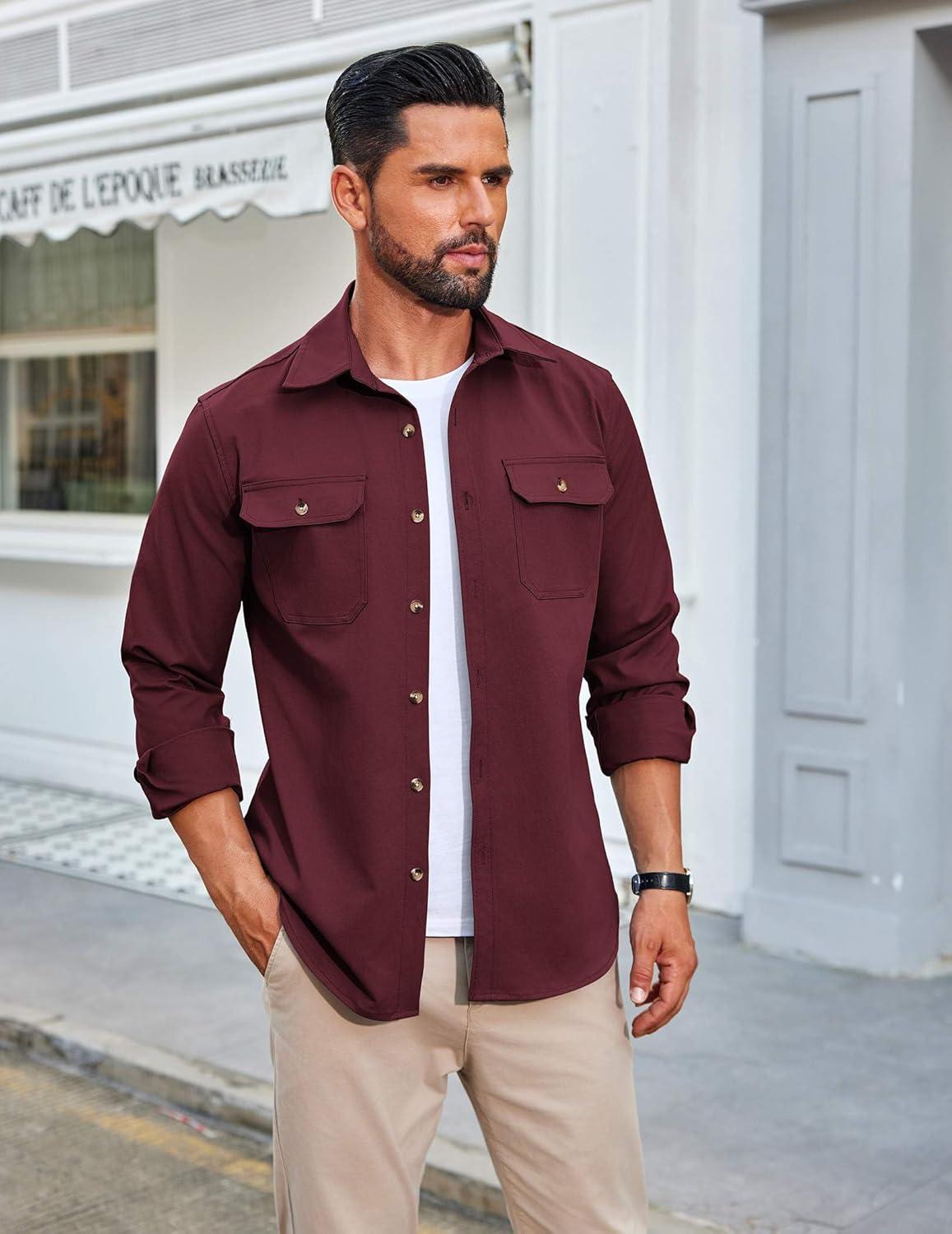 imageCOOFANDY Mens Shirt Jacket Casual Button Up Shirts Long Sleeve Lightweight Shacket with Flap PocketsWine Red