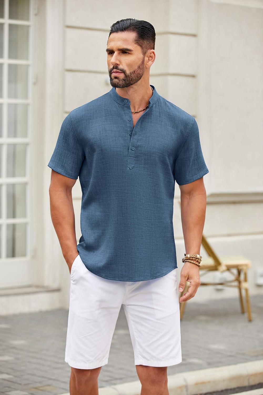 imageCOOFANDY Mens Shirt Short Sleeve Hippie Casual Linen Band Collar Summer Beach Shirts Dark Blue