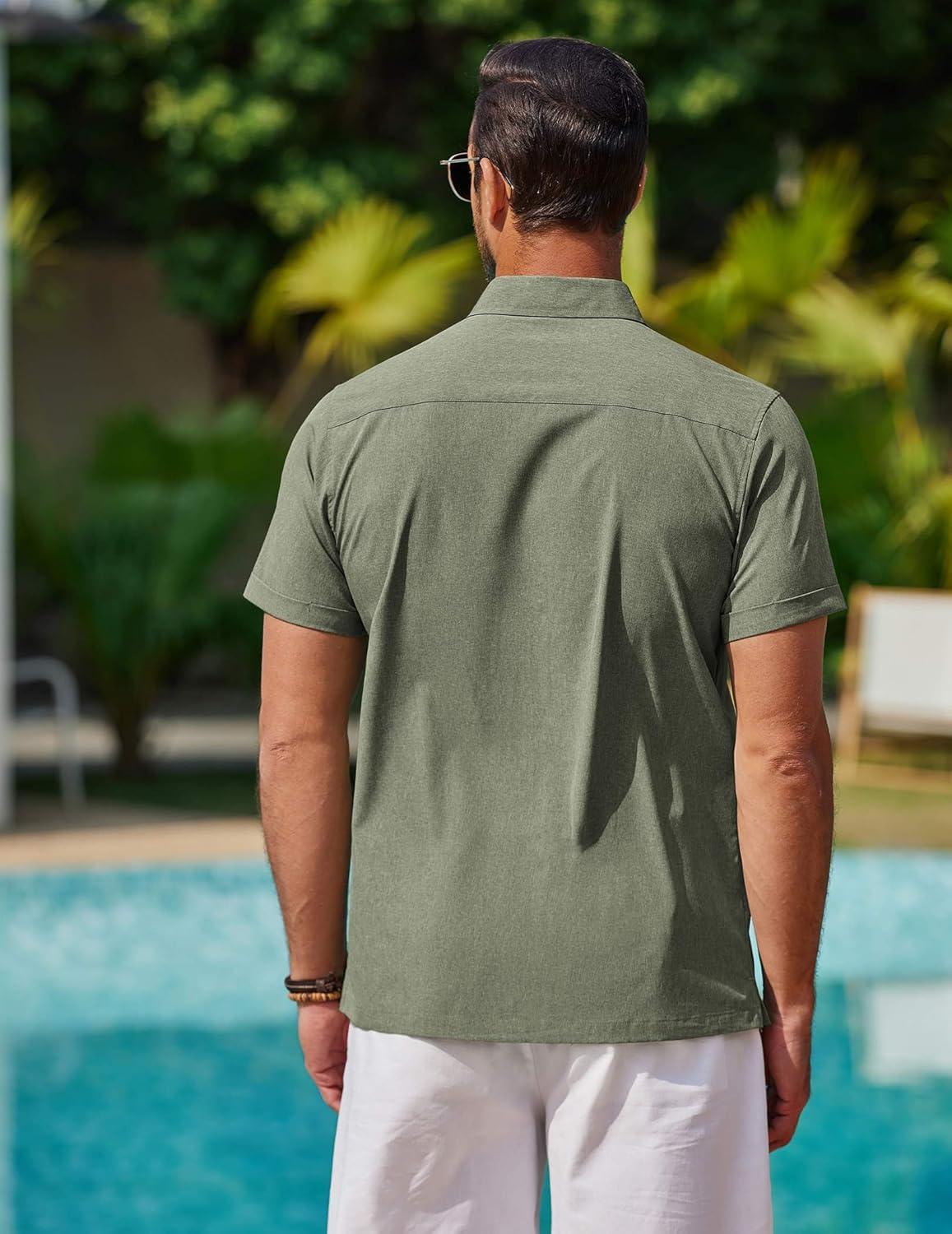 imageCOOFANDY Mens Short Sleeve Button Down Shirt Casual Summer Beach Untucked Vacation Textured Shirts with PocketArmy Green