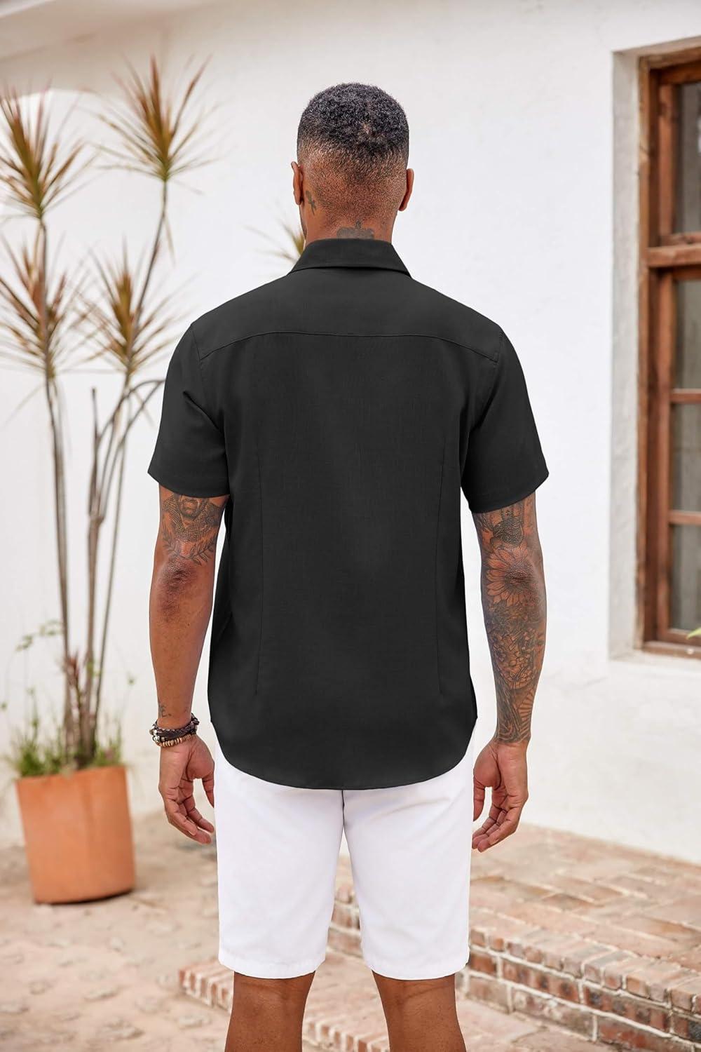 imageCOOFANDY Mens Short Sleeve Button Down Shirt Casual Summer Beach Untucked Vacation Textured Shirts with PocketBlack