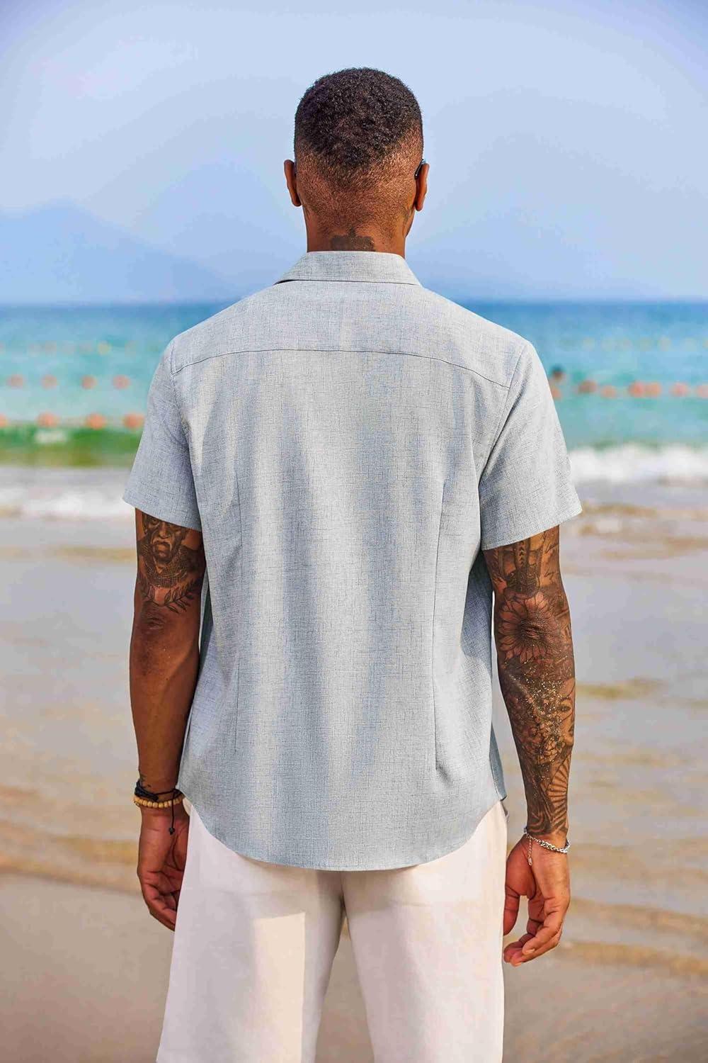 imageCOOFANDY Mens Short Sleeve Button Down Shirt Casual Summer Beach Untucked Vacation Textured Shirts with PocketBlue