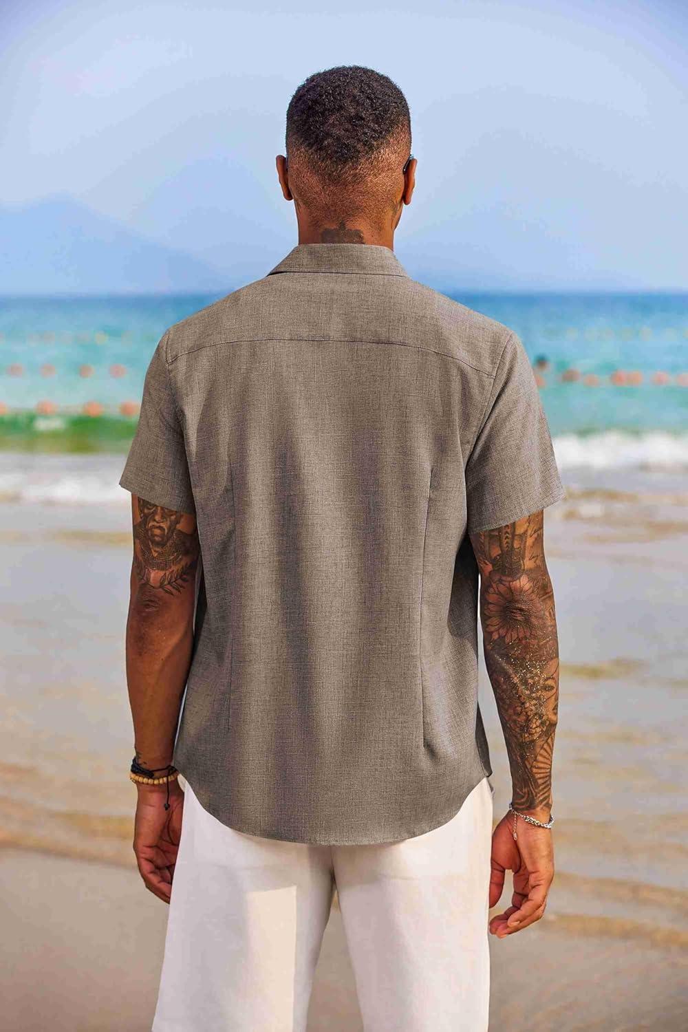 imageCOOFANDY Mens Short Sleeve Button Down Shirt Casual Summer Beach Untucked Vacation Textured Shirts with PocketBrown