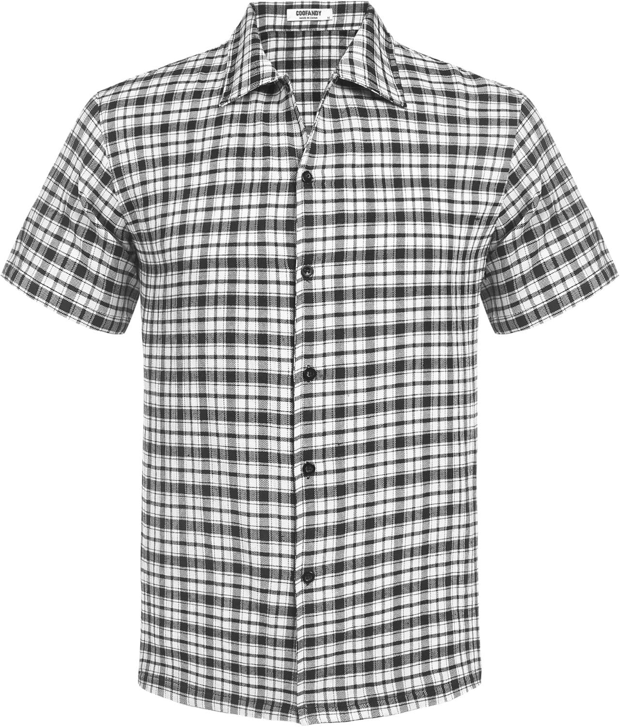 imageCOOFANDY Mens Short Sleeve Button Down Shirt Plaid Button Up Shirts Casual 75 Cotton Work ShirtsAblackwhite