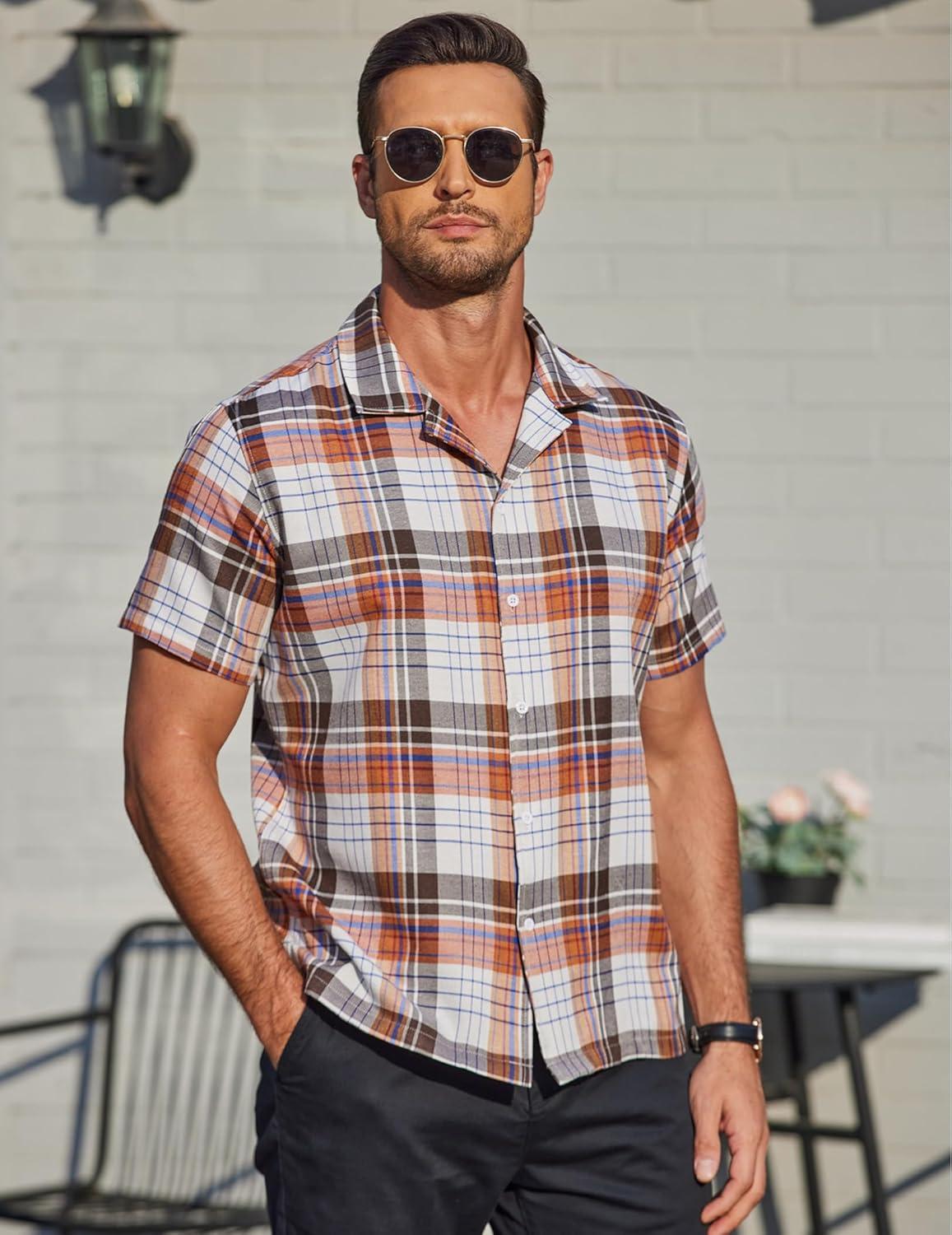 imageCOOFANDY Mens Short Sleeve Button Down Shirt Plaid Button Up Shirts Casual 75 Cotton Work ShirtsOrange