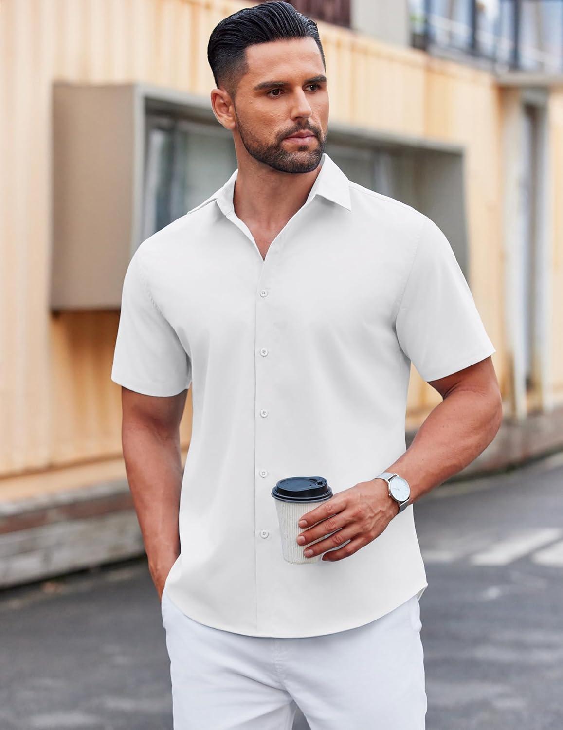 imageCOOFANDY Mens Short Sleeve Button Down Shirts Casual Summer Dress Untucked ShirtsAwhite