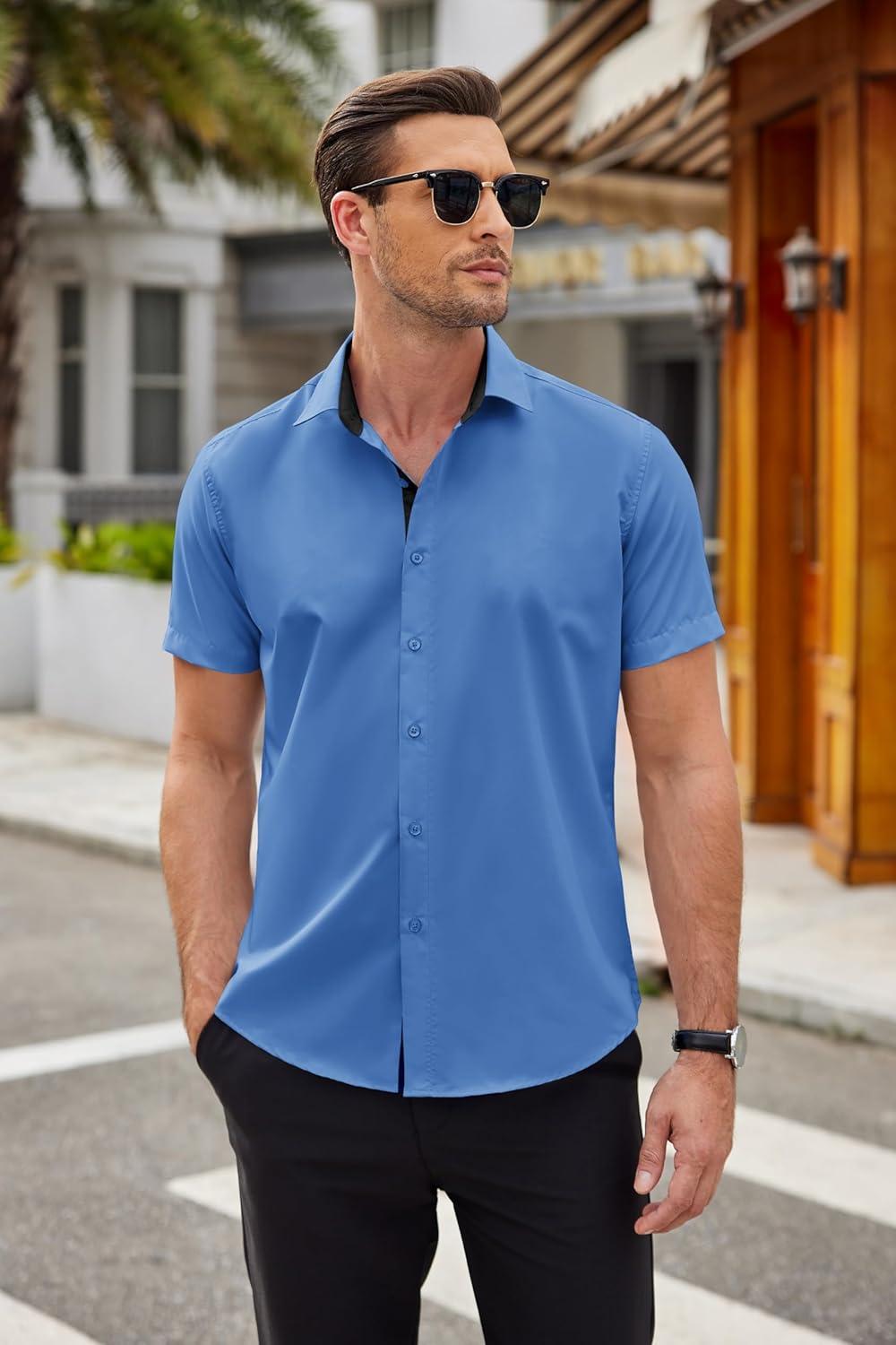 imageCOOFANDY Mens Short Sleeve Button Down Shirts Casual Summer Dress Untucked ShirtsBlue