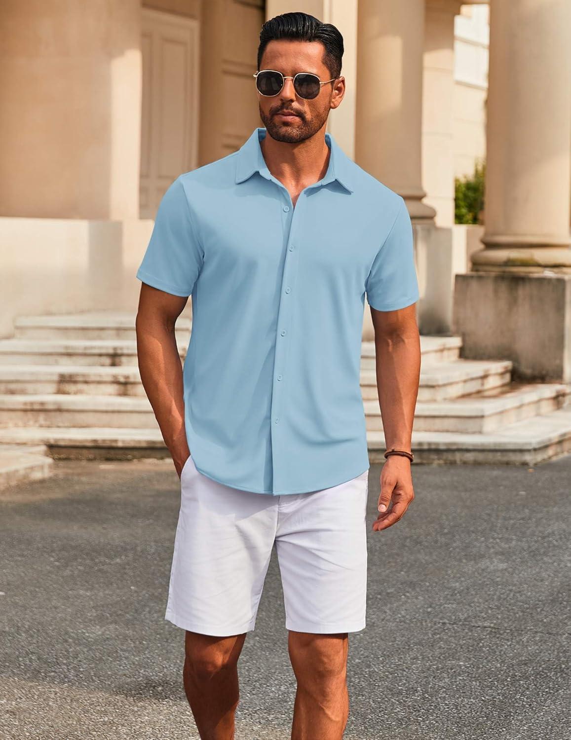 imageCOOFANDY Mens Short Sleeve Button Down Shirts Casual Summer Dress Untucked ShirtsClear Blue