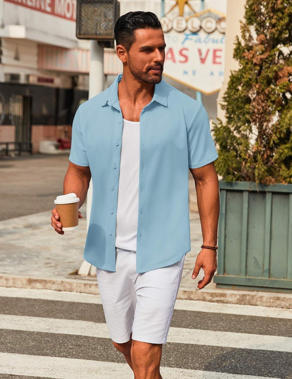 imageCOOFANDY Mens Short Sleeve Button Down Shirts Casual Summer Dress Untucked ShirtsClear Blue