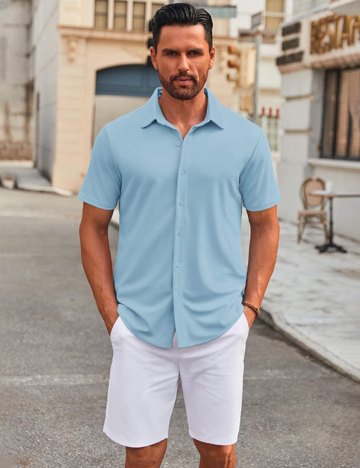 imageCOOFANDY Mens Short Sleeve Button Down Shirts Casual Summer Dress Untucked ShirtsClear Blue