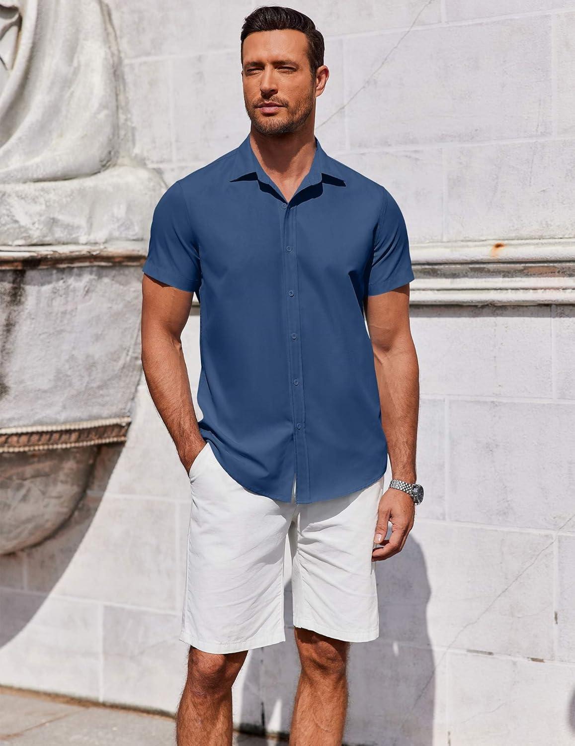 imageCOOFANDY Mens Short Sleeve Button Down Shirts Casual Summer Dress Untucked ShirtsPacifico