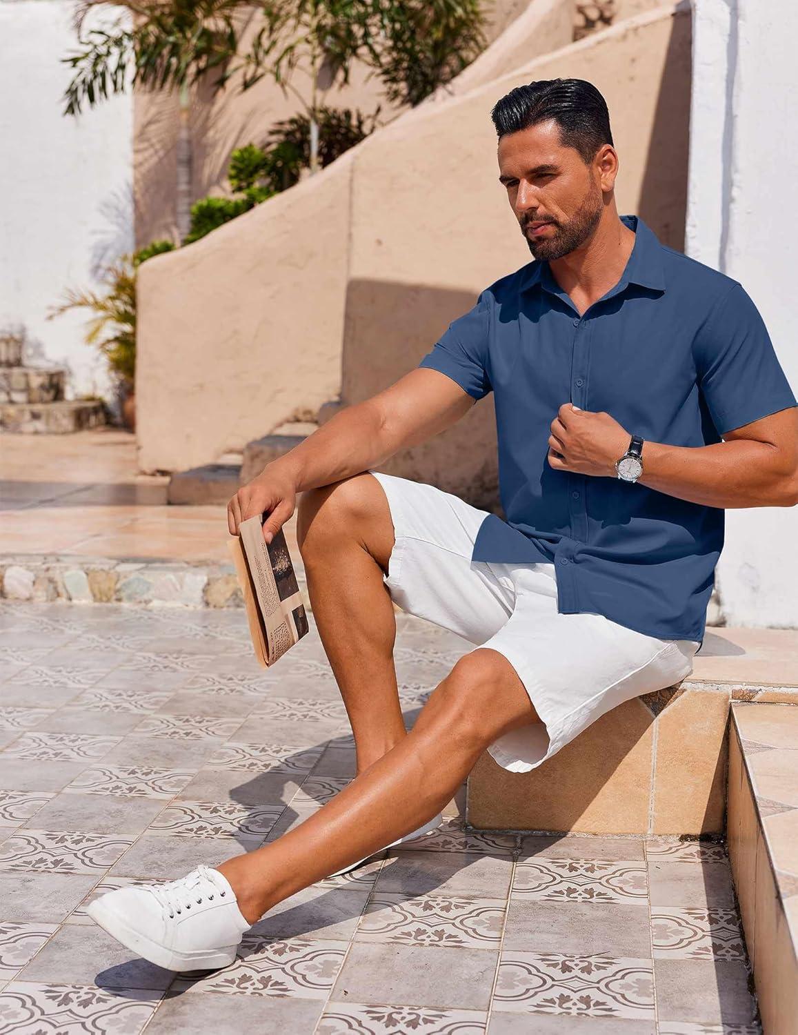 imageCOOFANDY Mens Short Sleeve Button Down Shirts Casual Summer Dress Untucked ShirtsPacifico