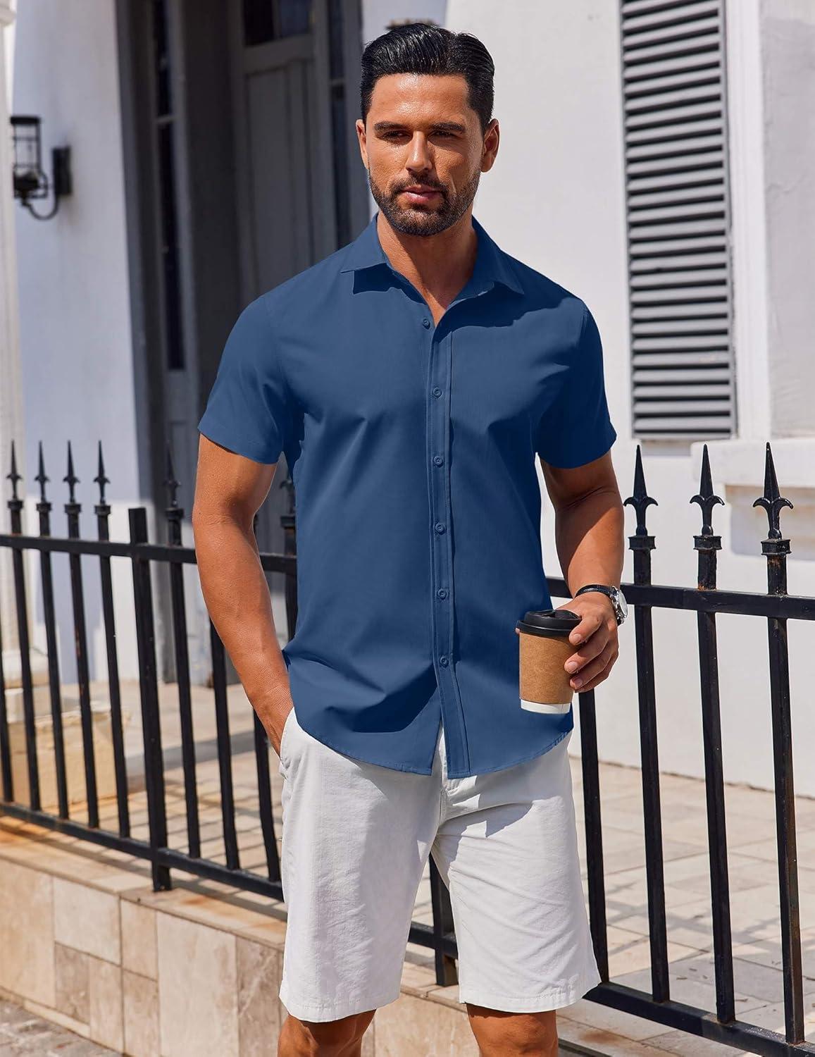 imageCOOFANDY Mens Short Sleeve Button Down Shirts Casual Summer Dress Untucked ShirtsPacifico