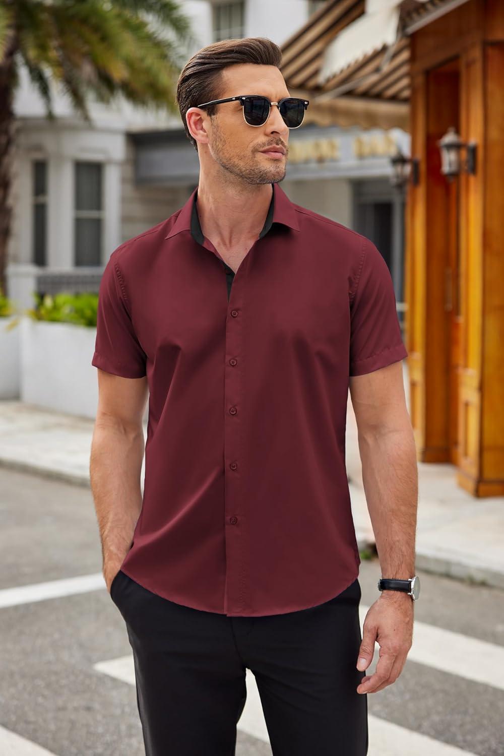imageCOOFANDY Mens Short Sleeve Button Down Shirts Casual Summer Dress Untucked ShirtsRed