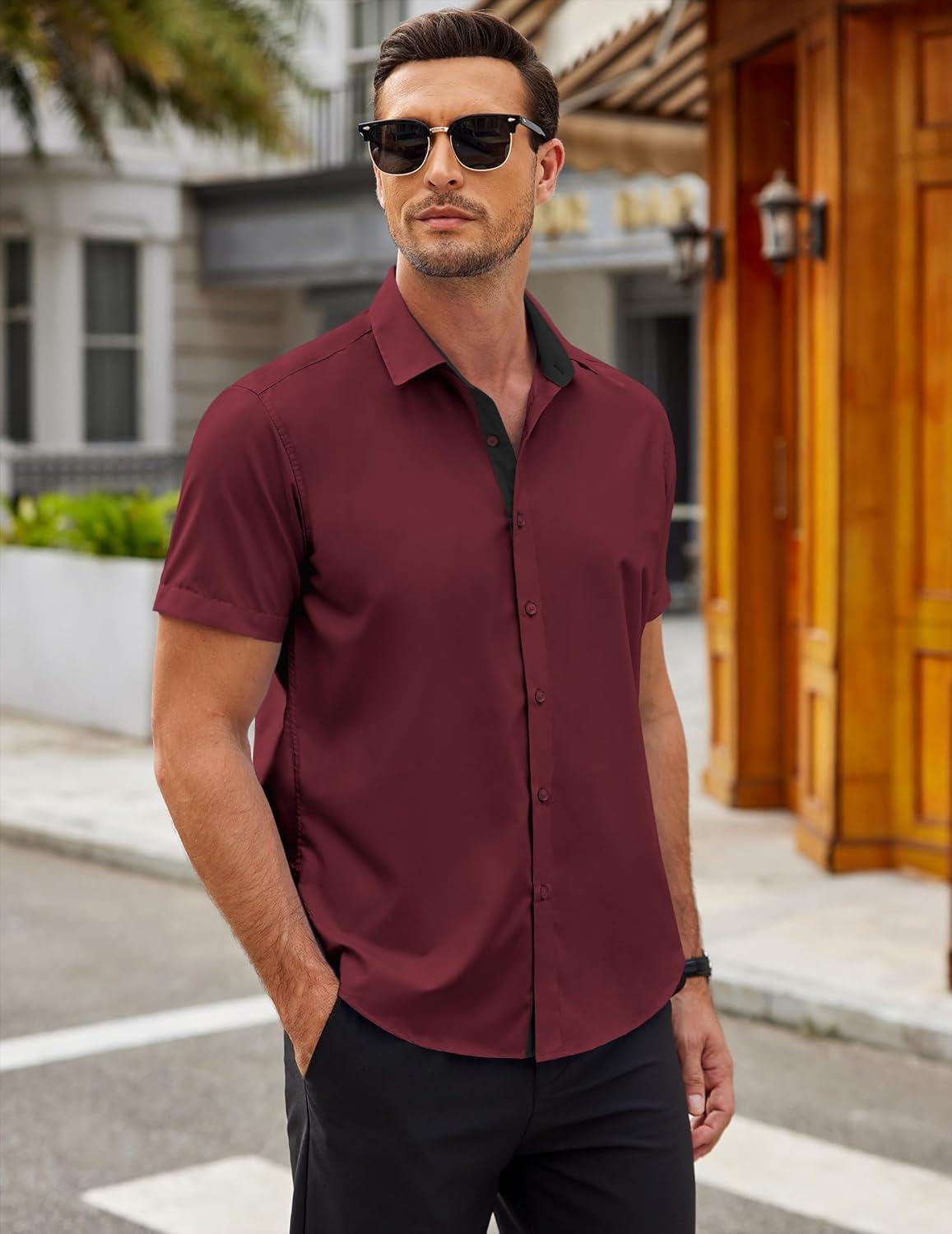 imageCOOFANDY Mens Short Sleeve Button Down Shirts Casual Summer Dress Untucked ShirtsRed