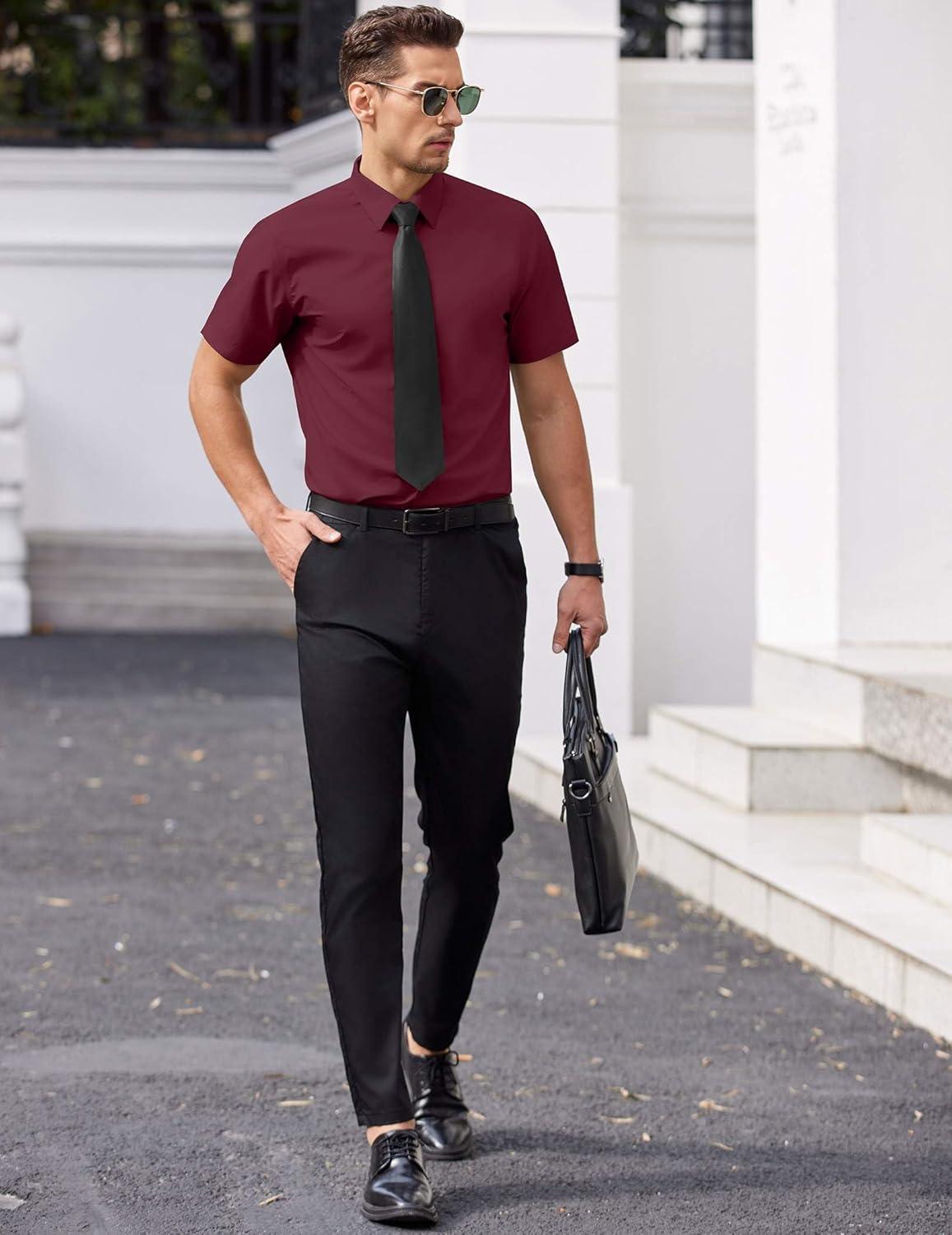 imageCOOFANDY Mens Short Sleeve Button Down Shirts Casual Summer Dress Untucked ShirtsWine Red