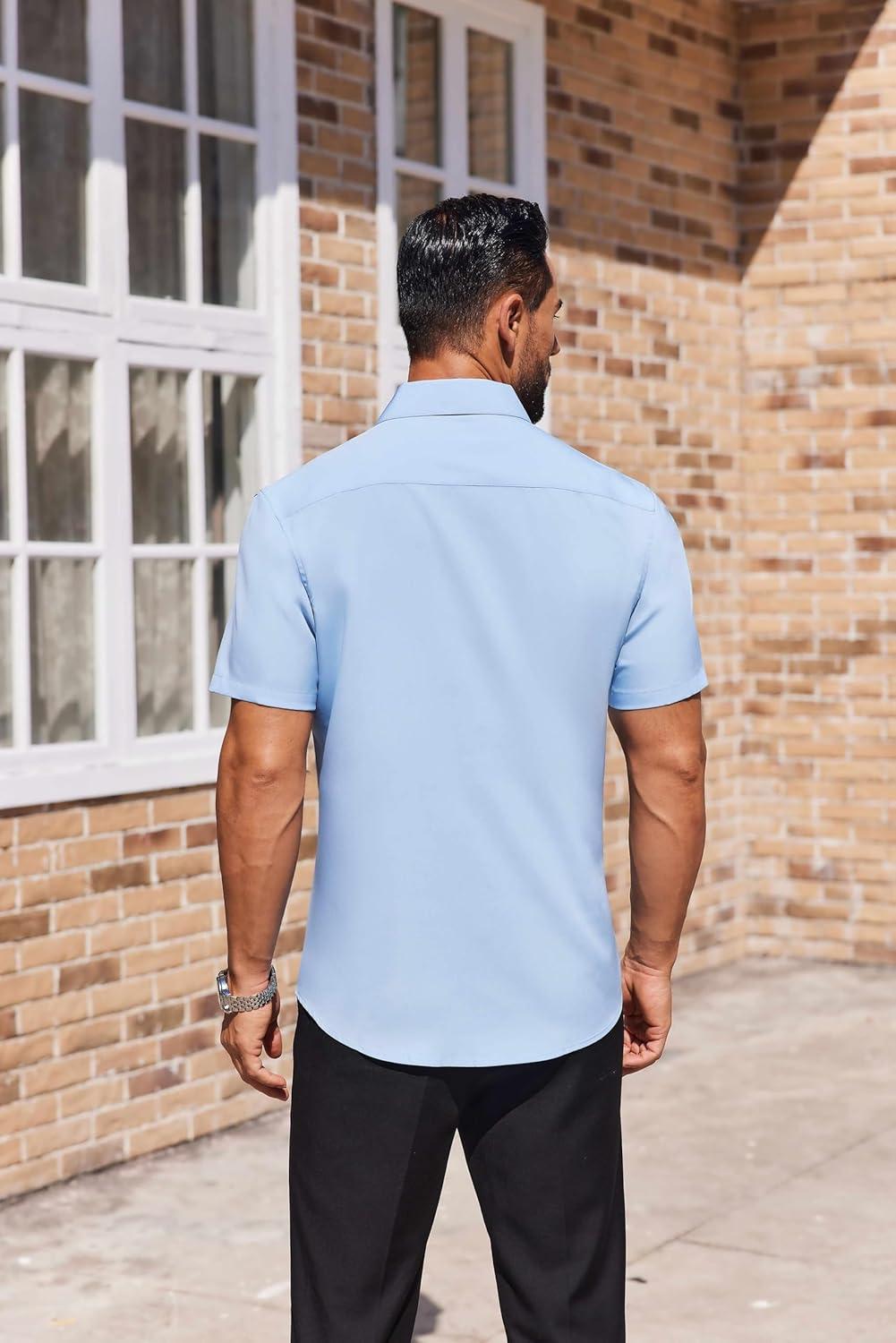 imageCOOFANDY Mens Short Sleeve Button Down Shirts Lightweight Stain Shield Business Casual Dress Shirt Wrinkle FreeBlue