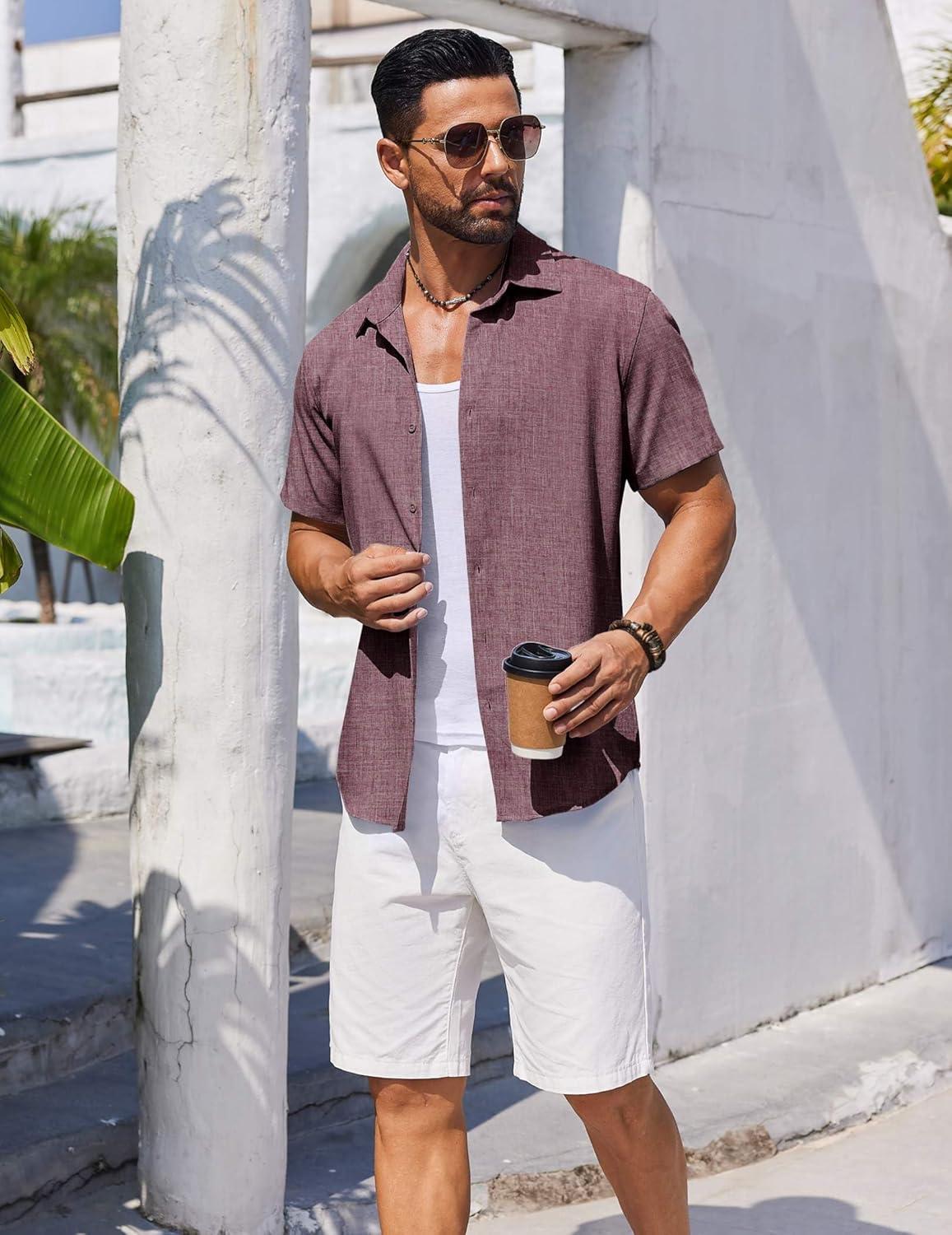 imageCOOFANDY Mens Short Sleeve Button Down Shirts Summer Casual Textured Shirt Vacation Beach Wedding Shirts with PocketWine Red