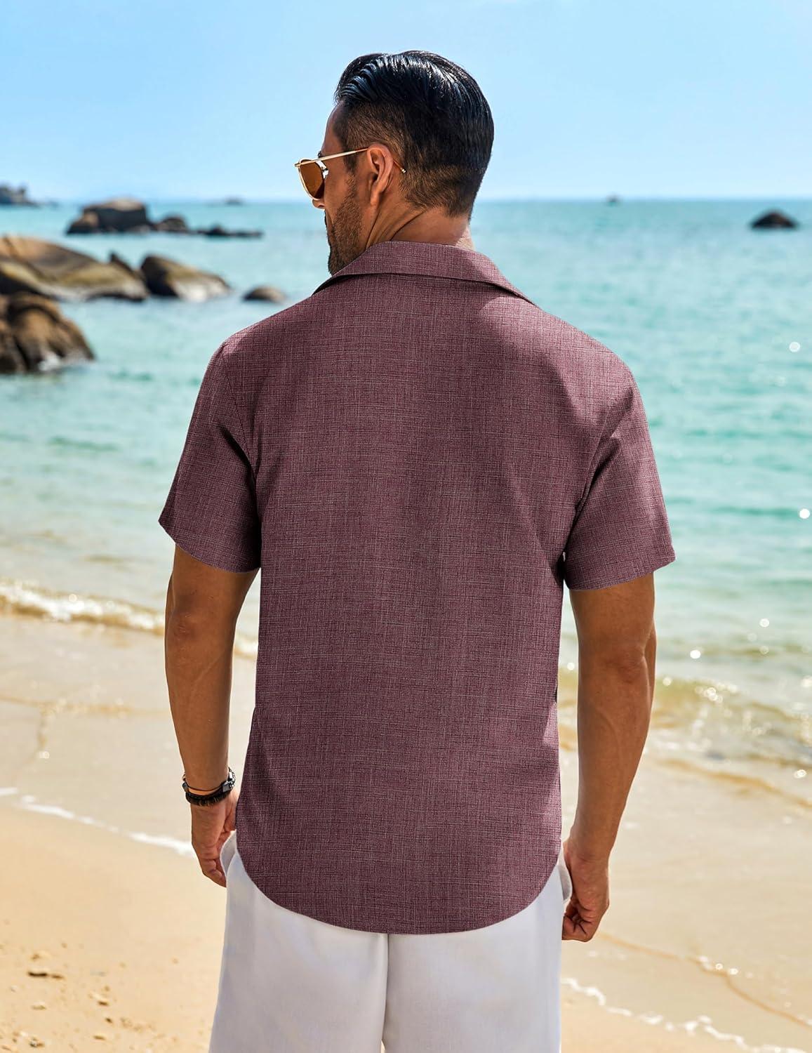 imageCOOFANDY Mens Short Sleeve Button Down Shirts Summer Casual Textured Shirt Vacation Beach Wedding Shirts with PocketWine Red